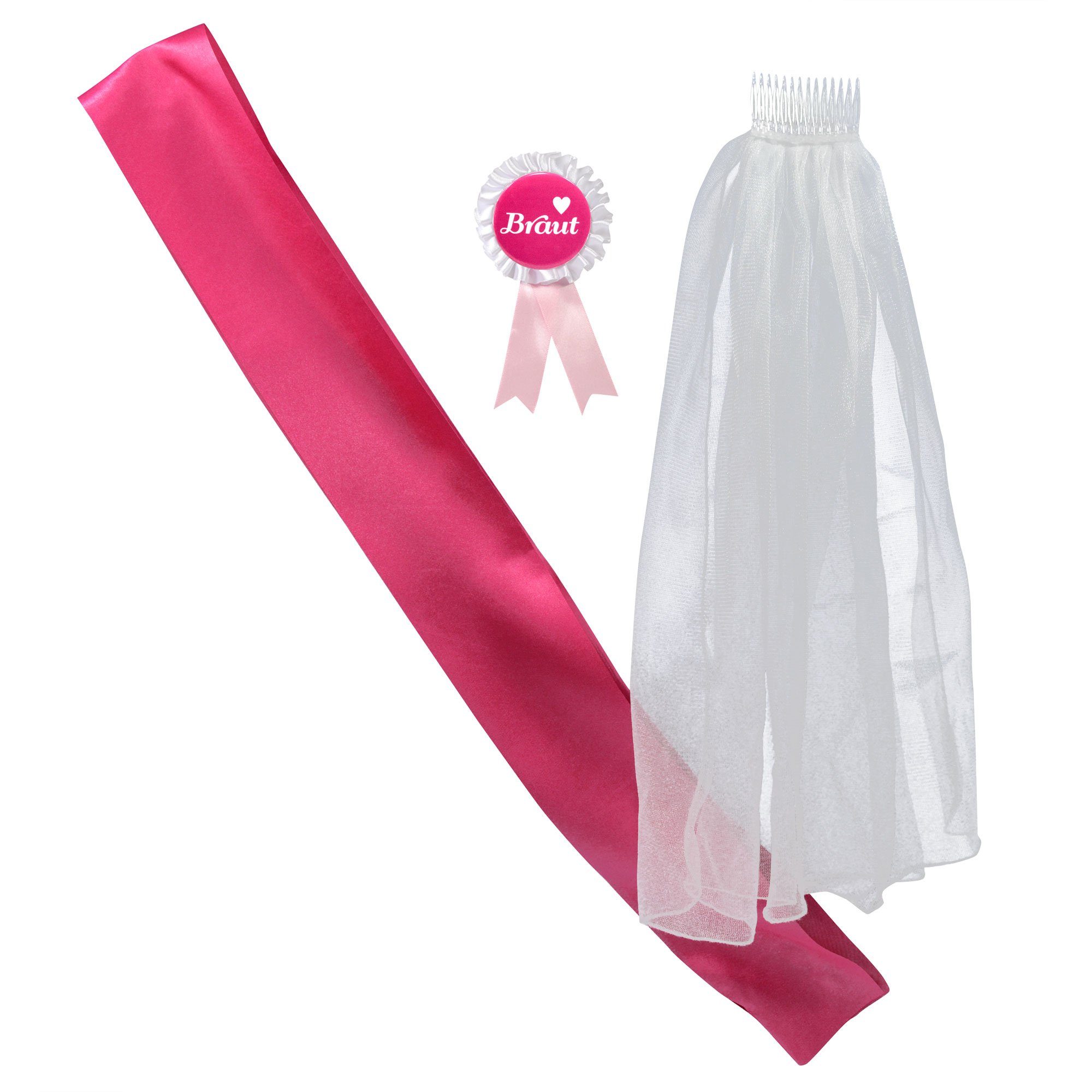 Frau WUNDERVoll Papierdekoration JGA Brautset Premium pink, Schleier+Schärpe+Brautorden