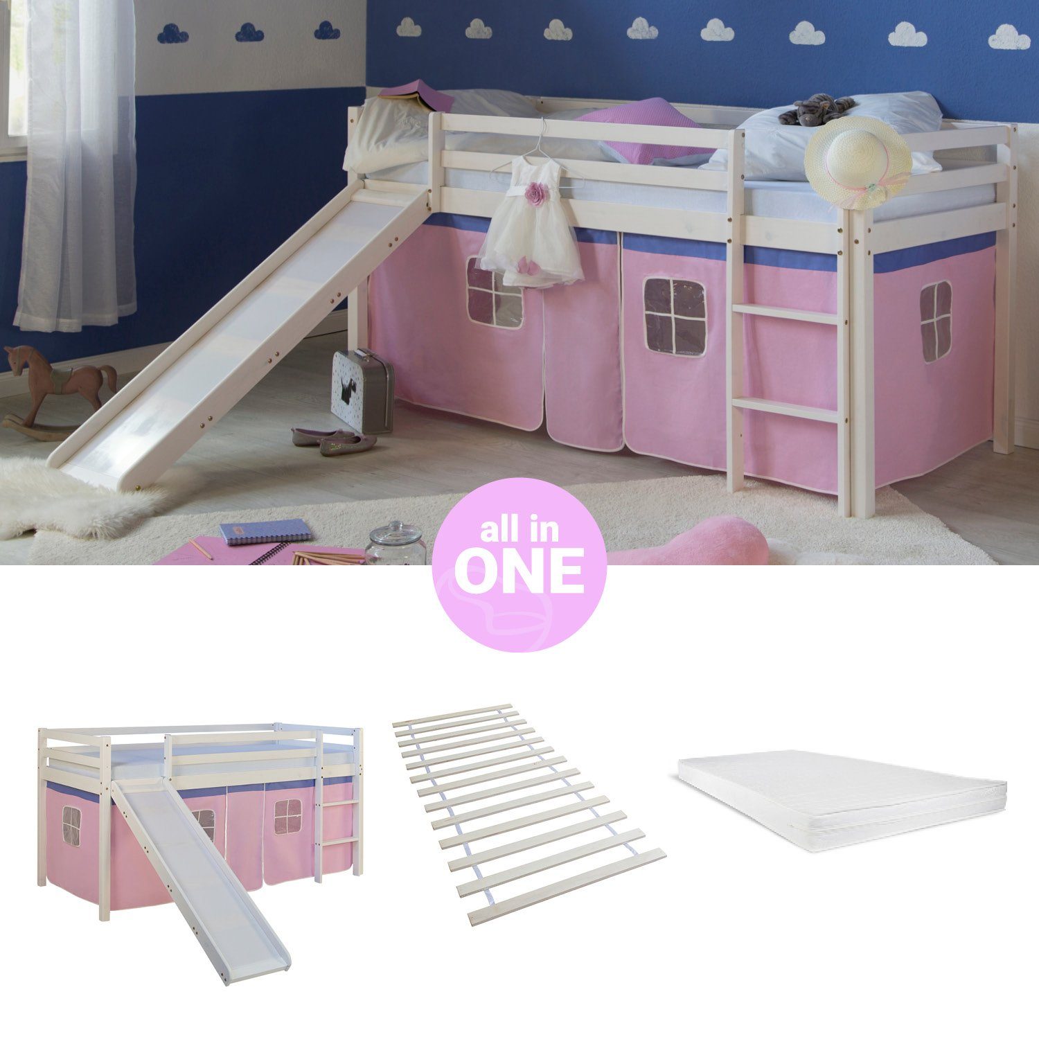 Homestyle4u Hochbett Kinderbett mit Leiter und Vorhang Weiß Rosa Holz Kiefer mit Lattenrost, Matratze, Rutsche