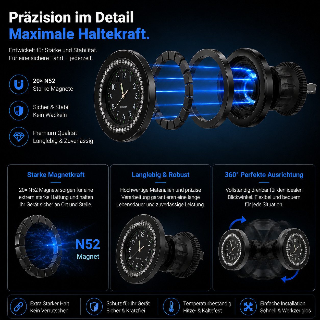 NEXGEN LUXUS HANDY-ZUBEHÖR Smartphone-Halterung Handyhalterung Auto Magnet KFZ Smartphone Halterung mit Uhr NEU, (Deutsche Marke, N52 Magnetkraft, Extra stabiler Halt)