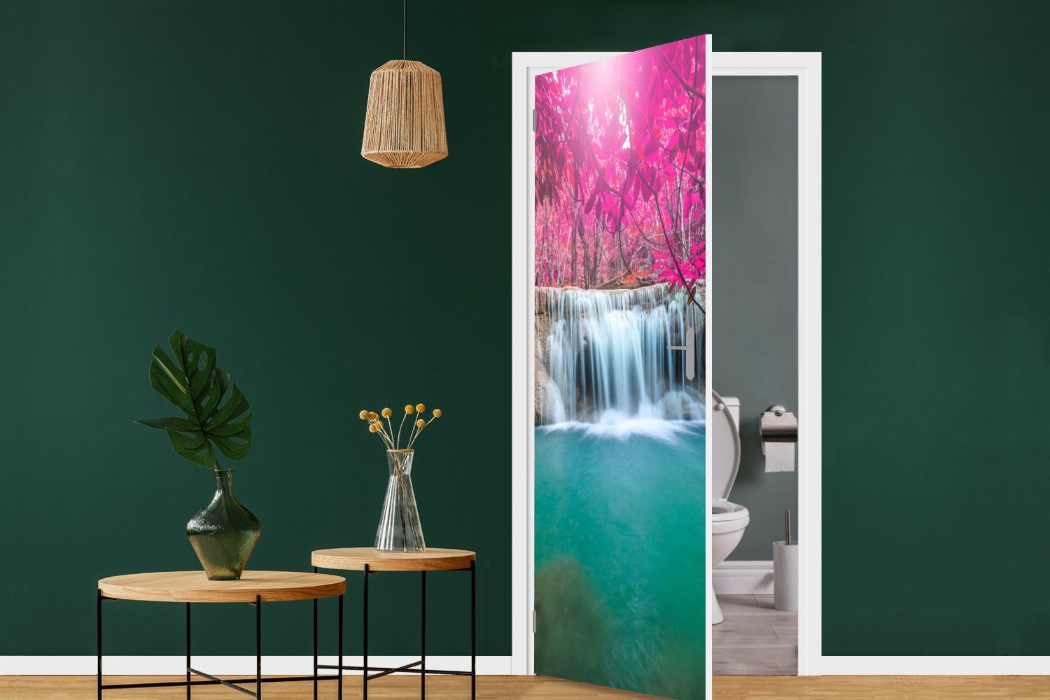 - Natur, 75x205 St), Türaufkleber, Tür, - Rosa MuchoWow Wasserfall cm Matt, für Fototapete bedruckt, Baum (1 - Türtapete