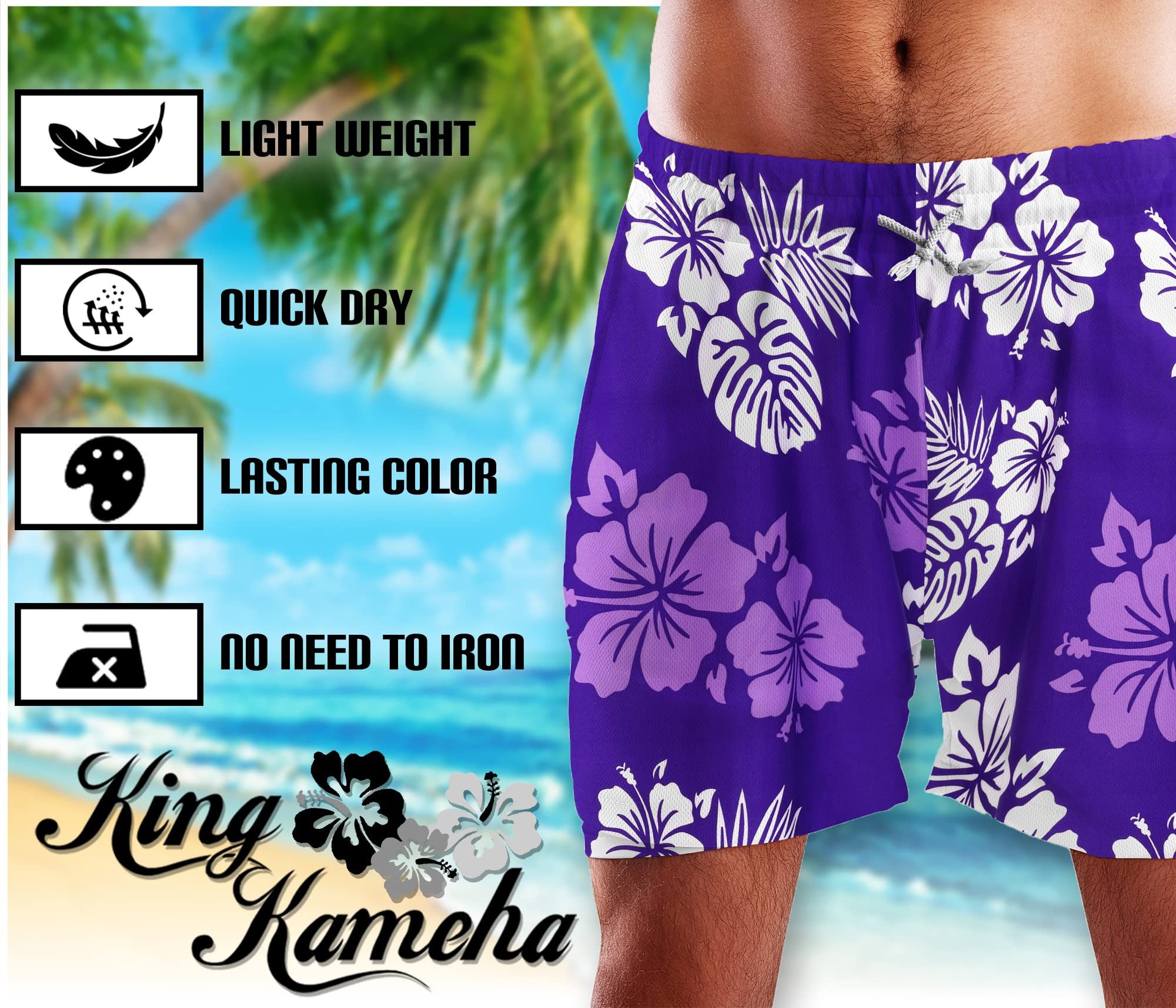 King Kameha Badeshorts Mono Hibiscus Hawaii Bade-Shorts Mesh-Einsatz Verschluss Kordelzug Mit integriertem Mesh-Innenslip für extra Komfort