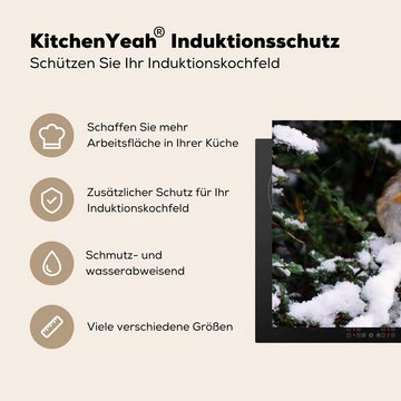MuchoWow Herdblende-/Abdeckplatte Rotkehlchen - Baum - Schnee, Vinyl, (1 tlg), 65x52 cm, Mobile Arbeitsfläche nutzbar, Ceranfeldabdeckung