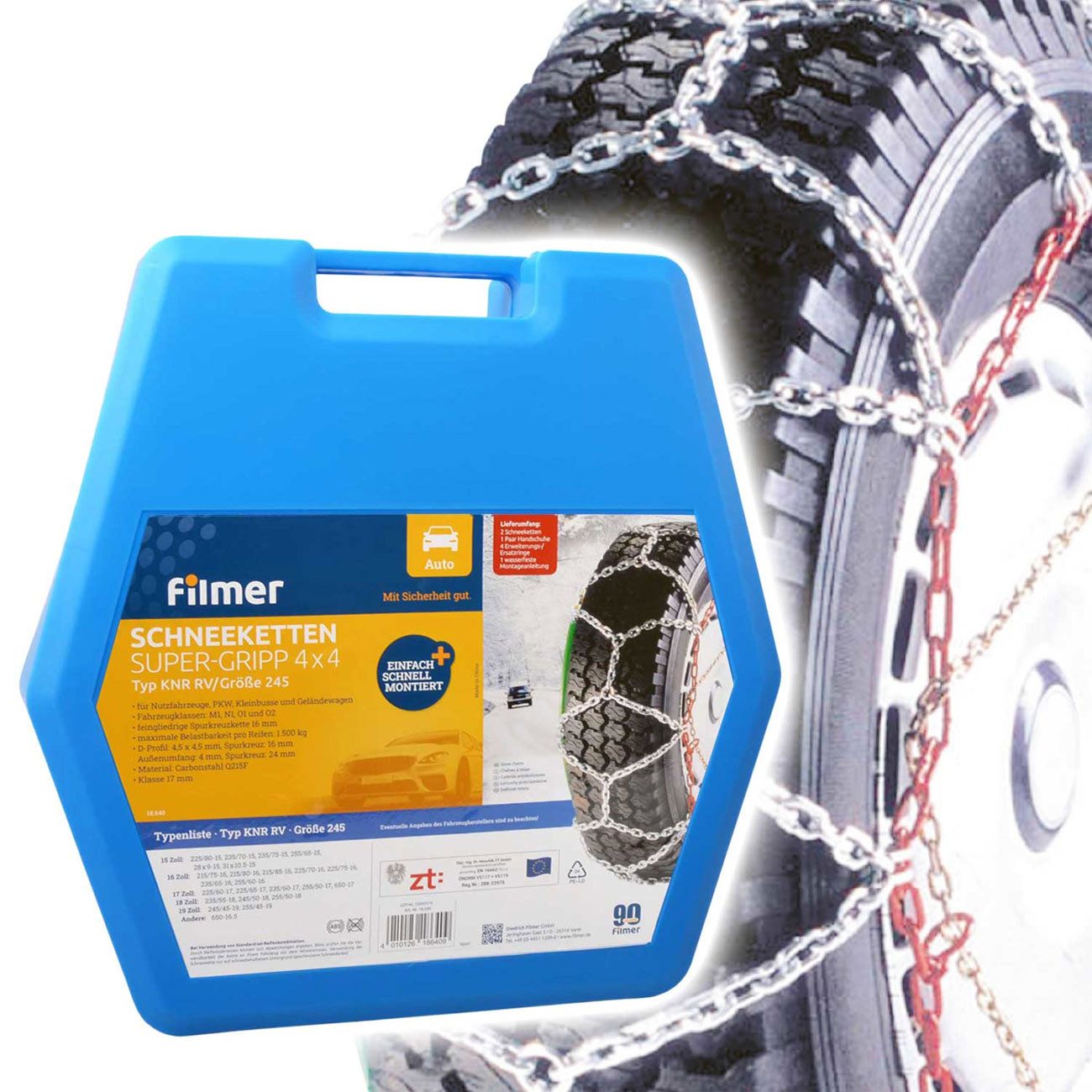 Filmer Schneeketten Schneeketten 16mm Super-Gripp 4x4, SUV, Transporter, 15-19", (1-tlg), Robuste 16mm 4x4 Schneeketten mit Ö-Norm & TÜV für SUVs & Transporter
