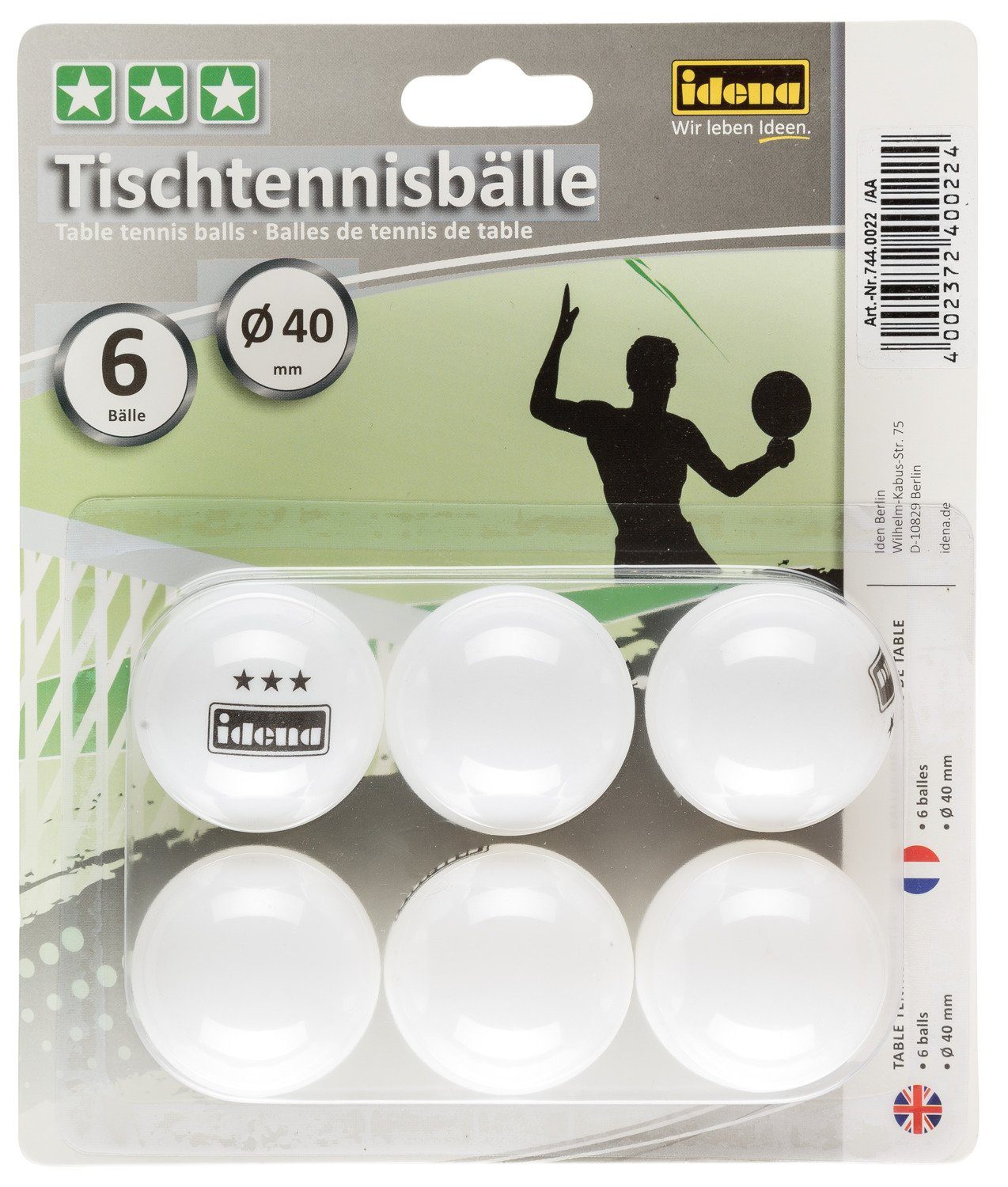 Tischtennisball Idena 7440022 - Tischtennisbälle 6 Stück in weiß, Durchmesser 40 mm