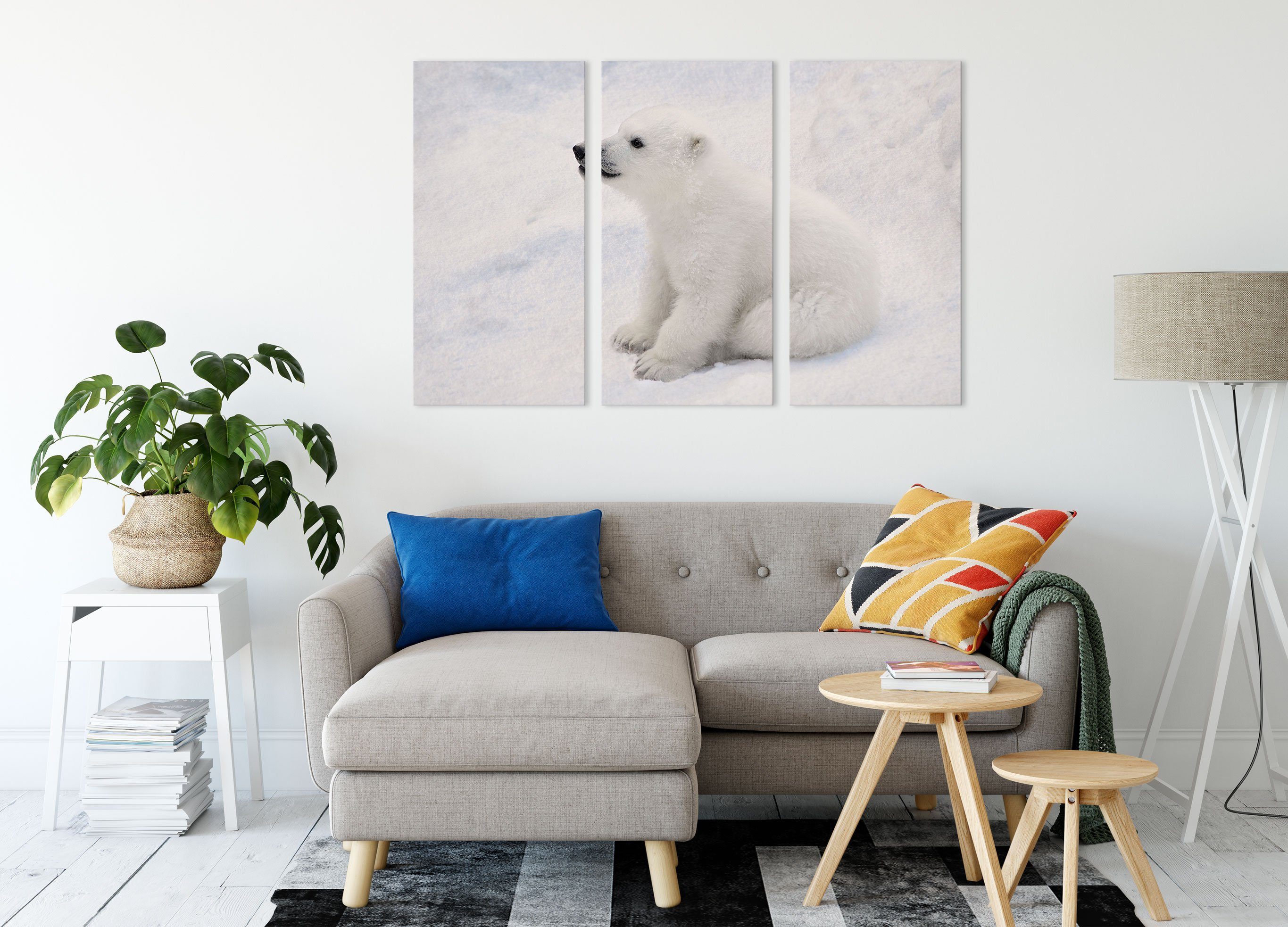 3Teiler (1 bespannt, Leinwandbild Leinwandbild Pixxprint Eisbär inkl. St), Baby Baby, niedliches Eisbär fertig (120x80cm) niedliches Zackenaufhänger