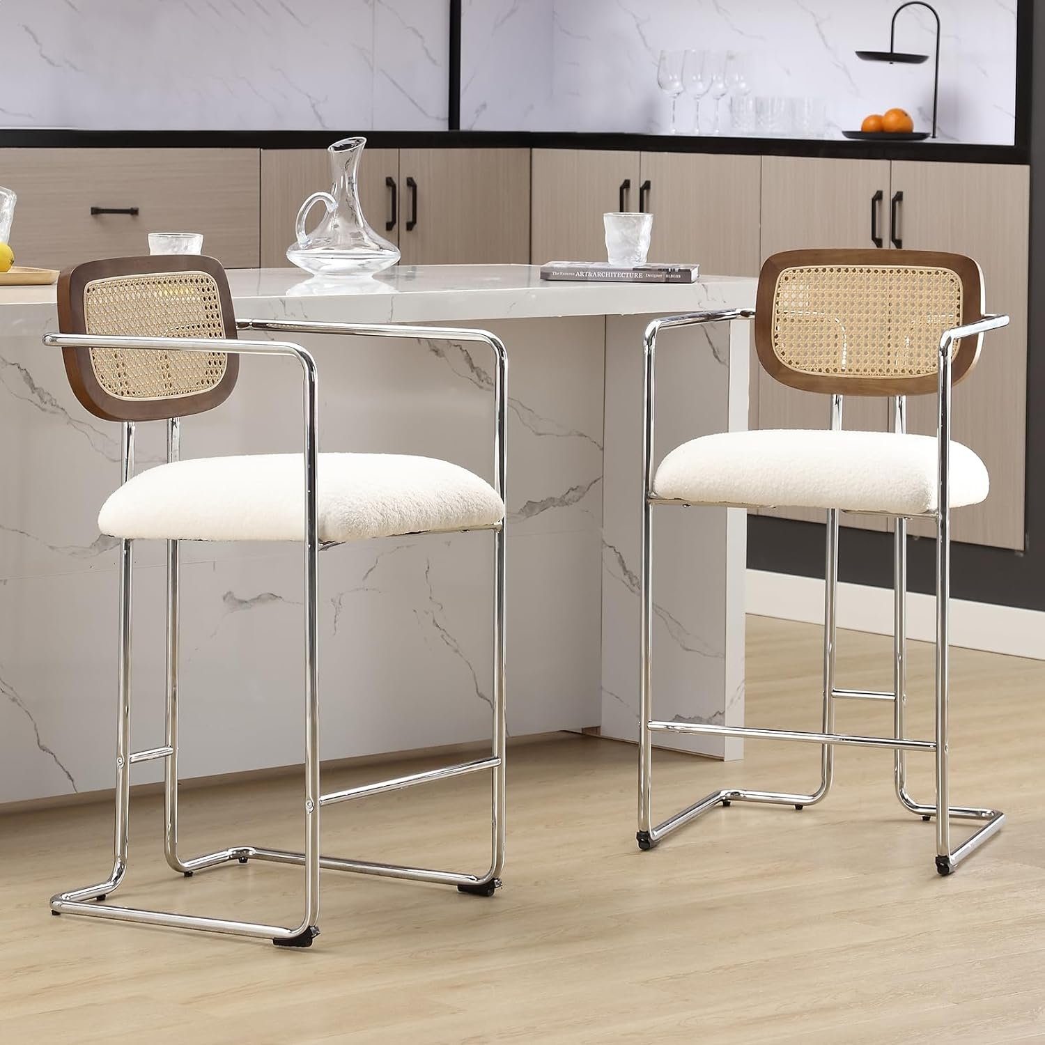 WAHSON OFFICE CHAIRS Barhocker 2er Set Rattan Küchenhocker mit Lehne Sitzfläche aus Teddystoff
