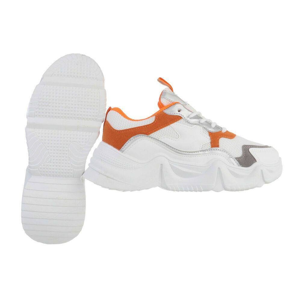Flach Sneaker Weiß, Low-Top Sneakers Weiß Orange in Low Freizeit Ital-Design Damen