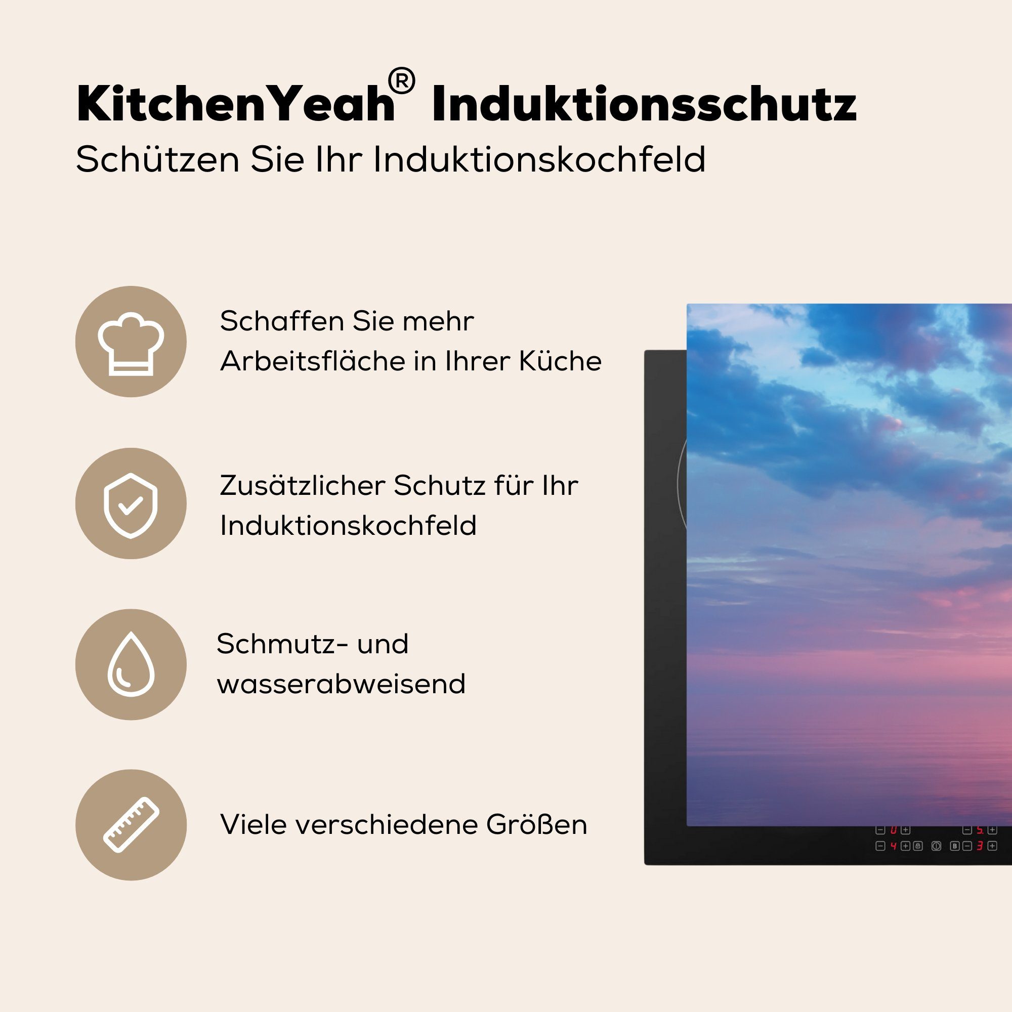 MuchoWow Herdblende-/Abdeckplatte Sonnenuntergang (1 Vinyl, Pastell, 83x51 cm, tlg), Arbeitsplatte Meer küche für - - Ceranfeldabdeckung