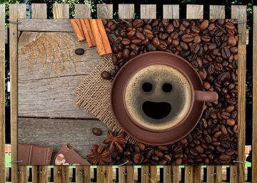 Wallario Sichtschutzzaunmatten Lustige Kaffeetasse mit einem Lächeln - Kaffeebohnen und Zimt