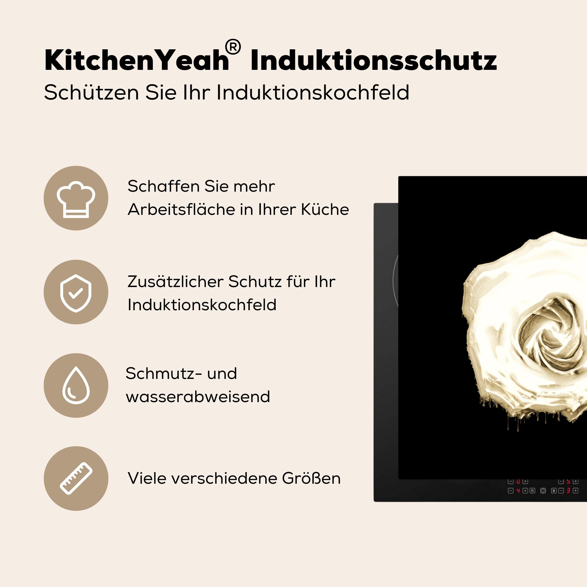 (1 tlg), - 78x78 Blumen küche Schwarz, Vinyl, für Herdblende-/Abdeckplatte Weiß - MuchoWow - cm, Ceranfeldabdeckung, Rose Arbeitsplatte