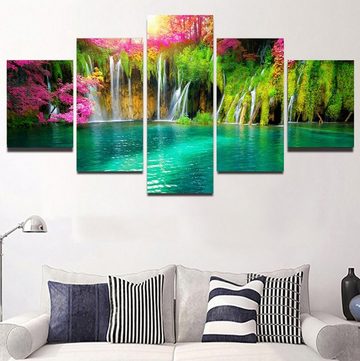 TPFLiving Kunstdruck (OHNE RAHMEN) Poster - Leinwand - Wandbild, 5 teiliges Wandbild - Wasserfall im Wald (Leinwandbild XXL), Farben: Orange, Weiß, Gelb, Blau, Lila -Größe: 10x15 10x20 10x25cm