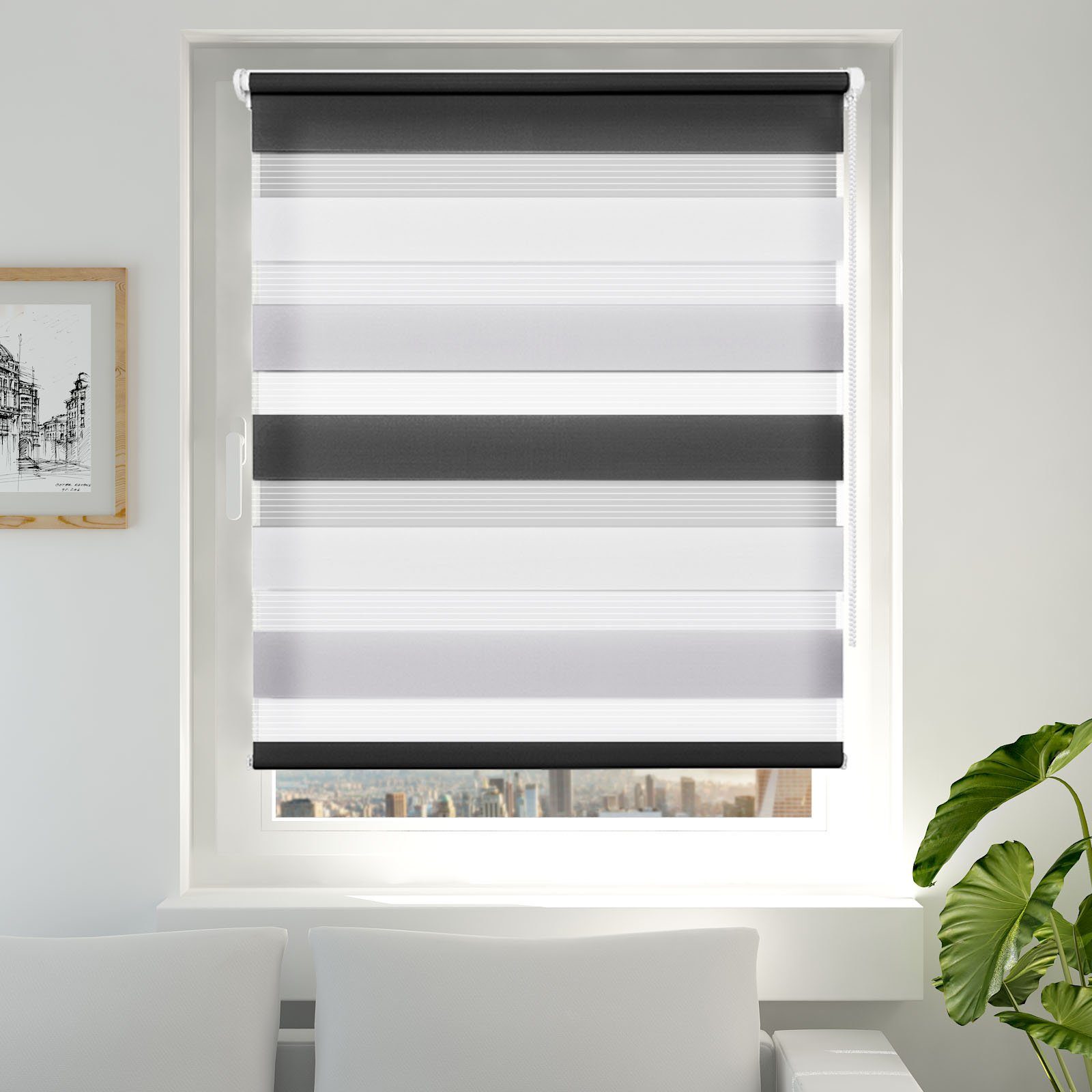 Doppelrollo rollos für Fenster und Weiß-Grau-Anthrazit Bohren mit freihängend, OUBO, 130cm, Klemmträger, Lichtschutz, verdunkelnd livhtdurchlässig ohne Klemmfix