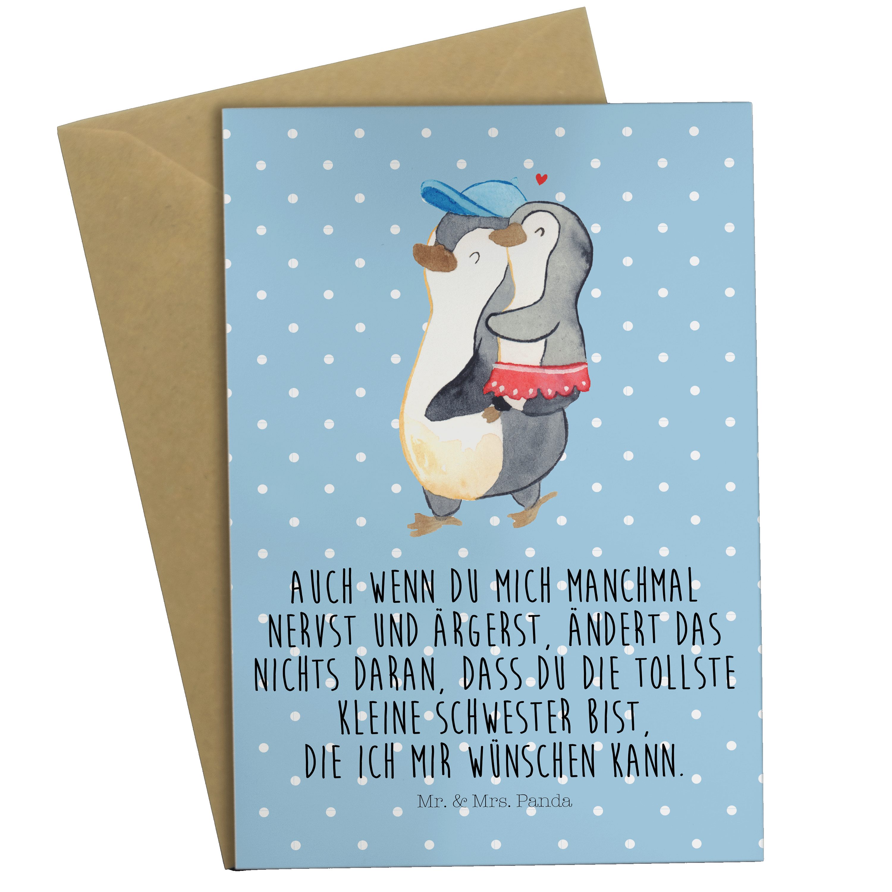 Mr. & Mrs. Panda Grußkarte Pinguin Kleine Schwester - Blau Pastell - Geschenk, Karte, Einladungs