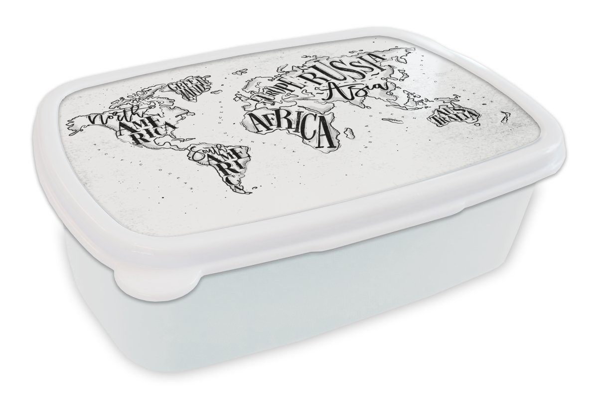 MuchoWow Lunchbox Weltkarte - Weiß - Schwarz, Kunststoff, (2-tlg), Brotbox für Kinder und Erwachsene, Brotdose, für Jungs und Mädchen