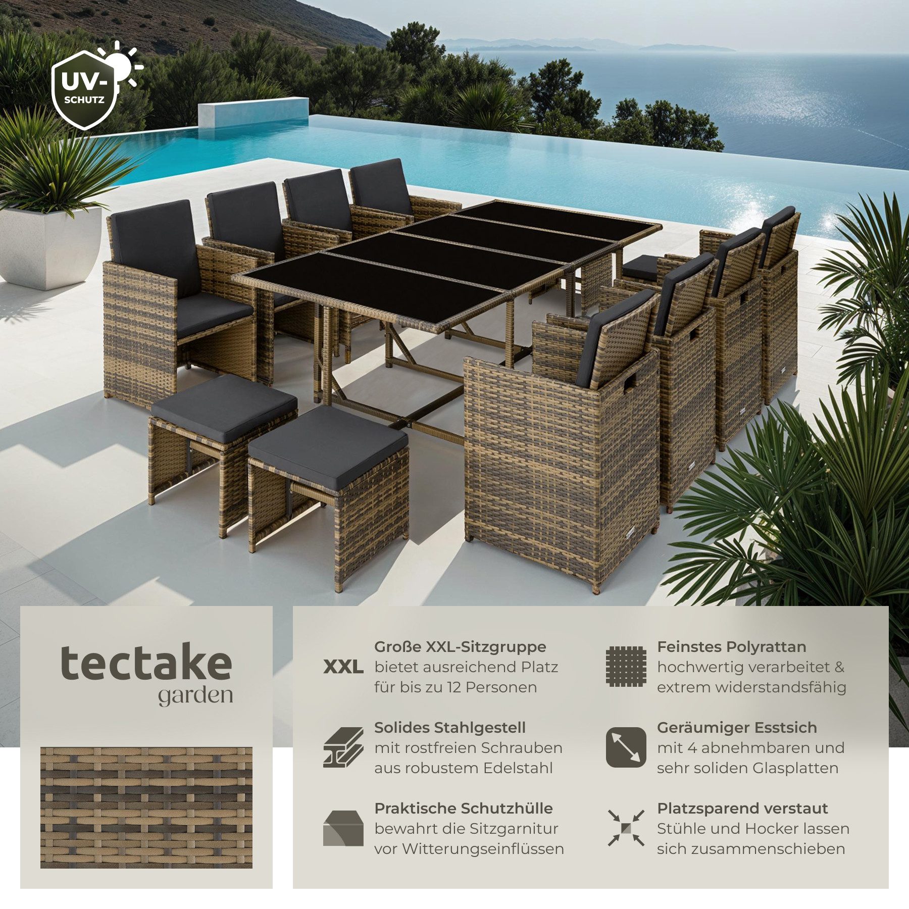 tectake Sitzgruppe Rattan-Gartenlounge für 8 bis 12 Personen, Inkl. Schutzhülle, (Loungeset Palma, 12-tlg., für Außen in Naturfarben/Dunkelgrau), widerstandsfähig, UV-beständig, mit Sicherheitsglasplatten