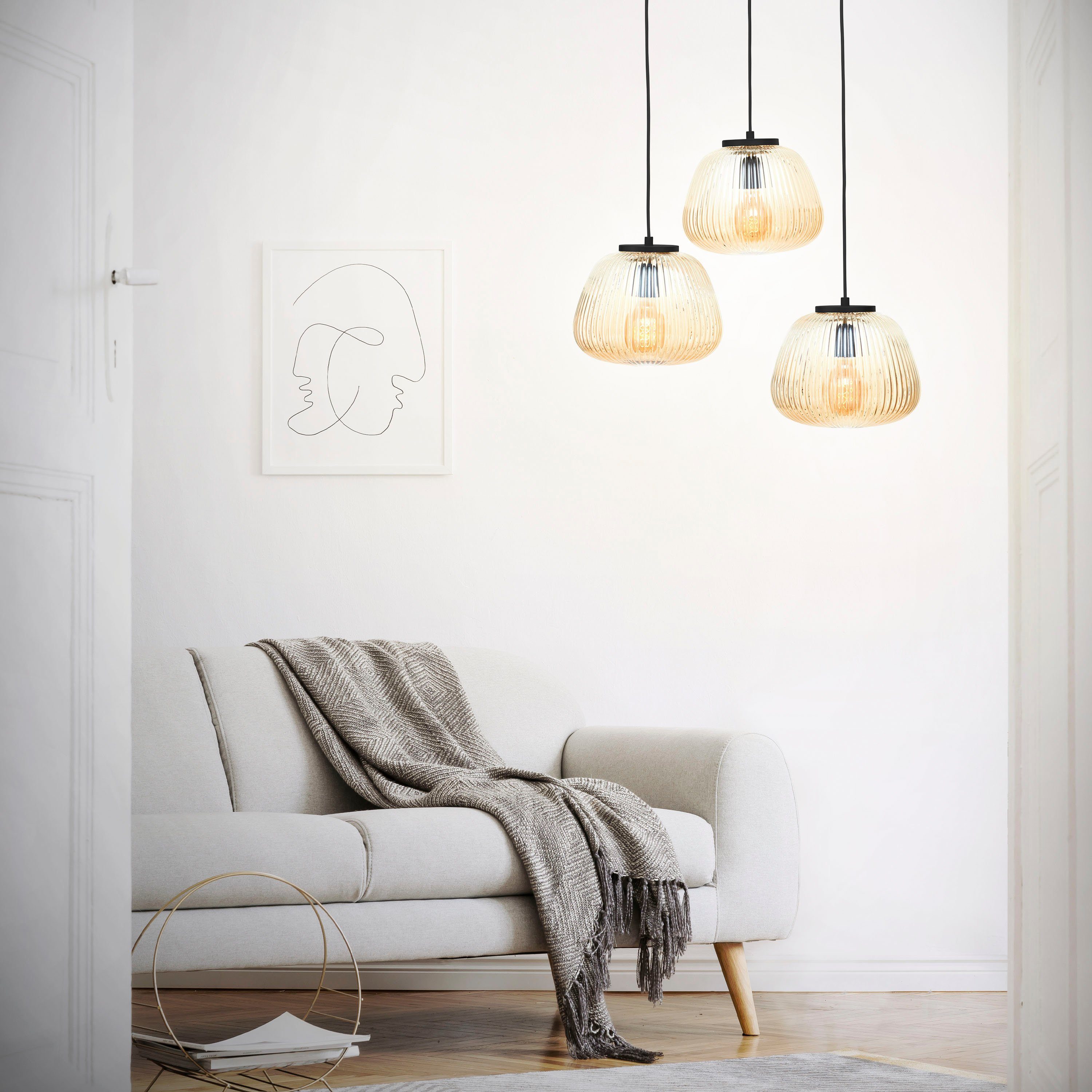 Brilliant Pendelleuchte Kaizen, ohne Leuchtmittel, Riffelglas, D 40 cm, E27, kürzbar, Amber-Bernsteinfarben