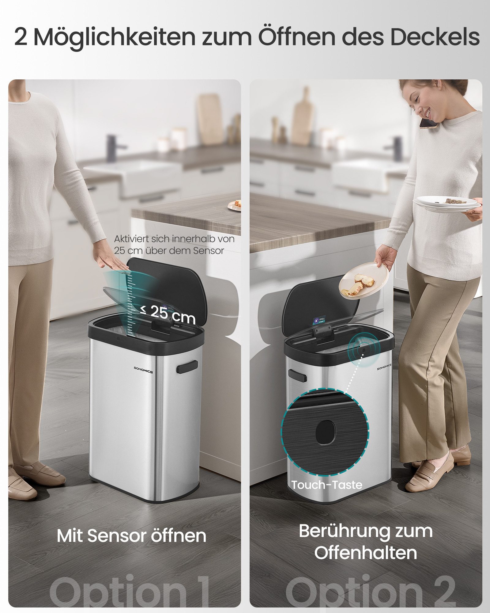 SONGMICS Mülleimer Sensor-Mülleimer, Küche 50 L, mit Sensor, Stahl, Kohlefilter, Softclose-Deckel