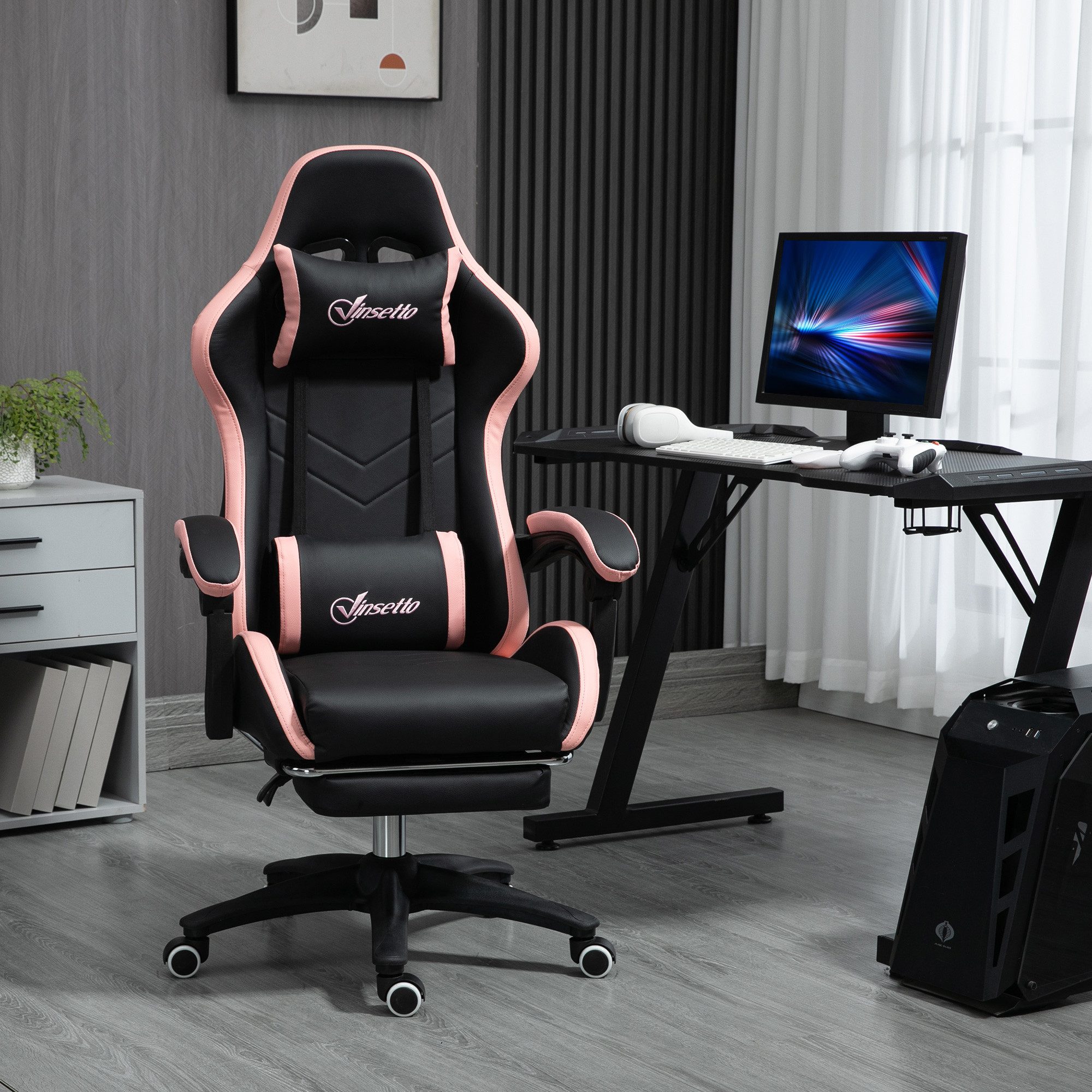 Vinsetto Gaming-Stuhl Bürostuhl Computerstuhl mit Lendenkissen, Kopfstütze (Set, 1 St), Mit Fußstütze, neigbar, höhenverstellbar
