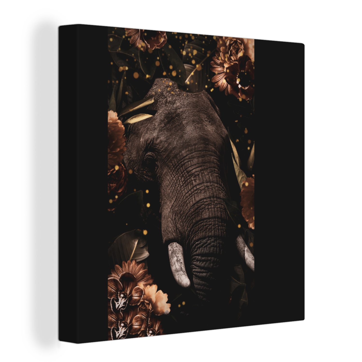 OneMillionCanvasses® Leinwandbild Elefant - Tiere - Blumen - Licht, (1 St), Leinwand Bilder für Wohnzimmer Schlafzimmer