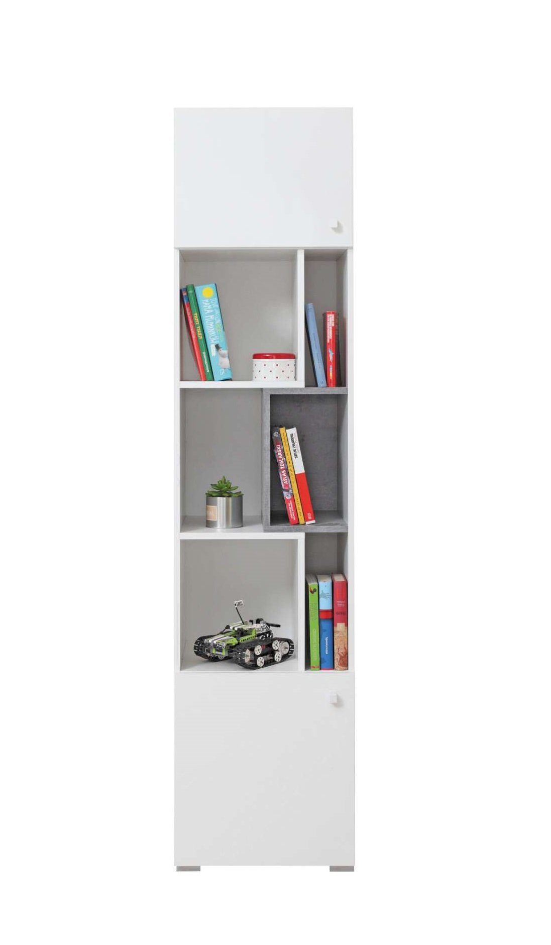 Stylefy Kinderregal Lendon, Standregal, Bücherregal, mit 6 Fächern, FSC-Zertifizierung, Spanplatte, Modern Design Weiß Hochglanz - Beton