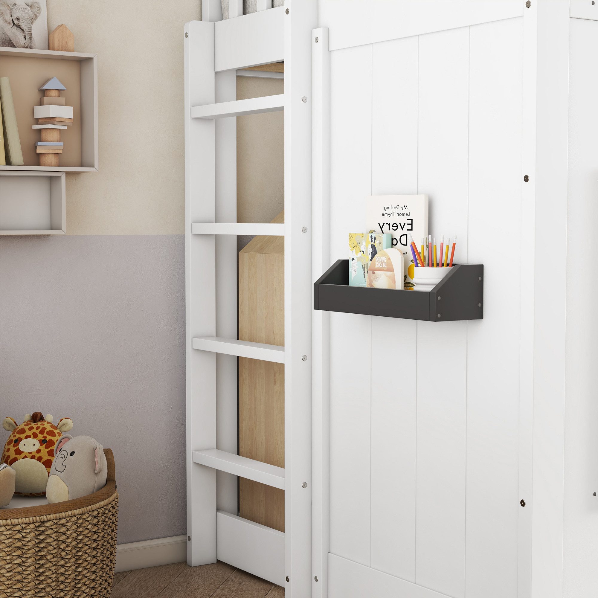 Flieks Loft Bed House Bed Children's Bed 90x200cm with Window, Ladder and Fall Protection