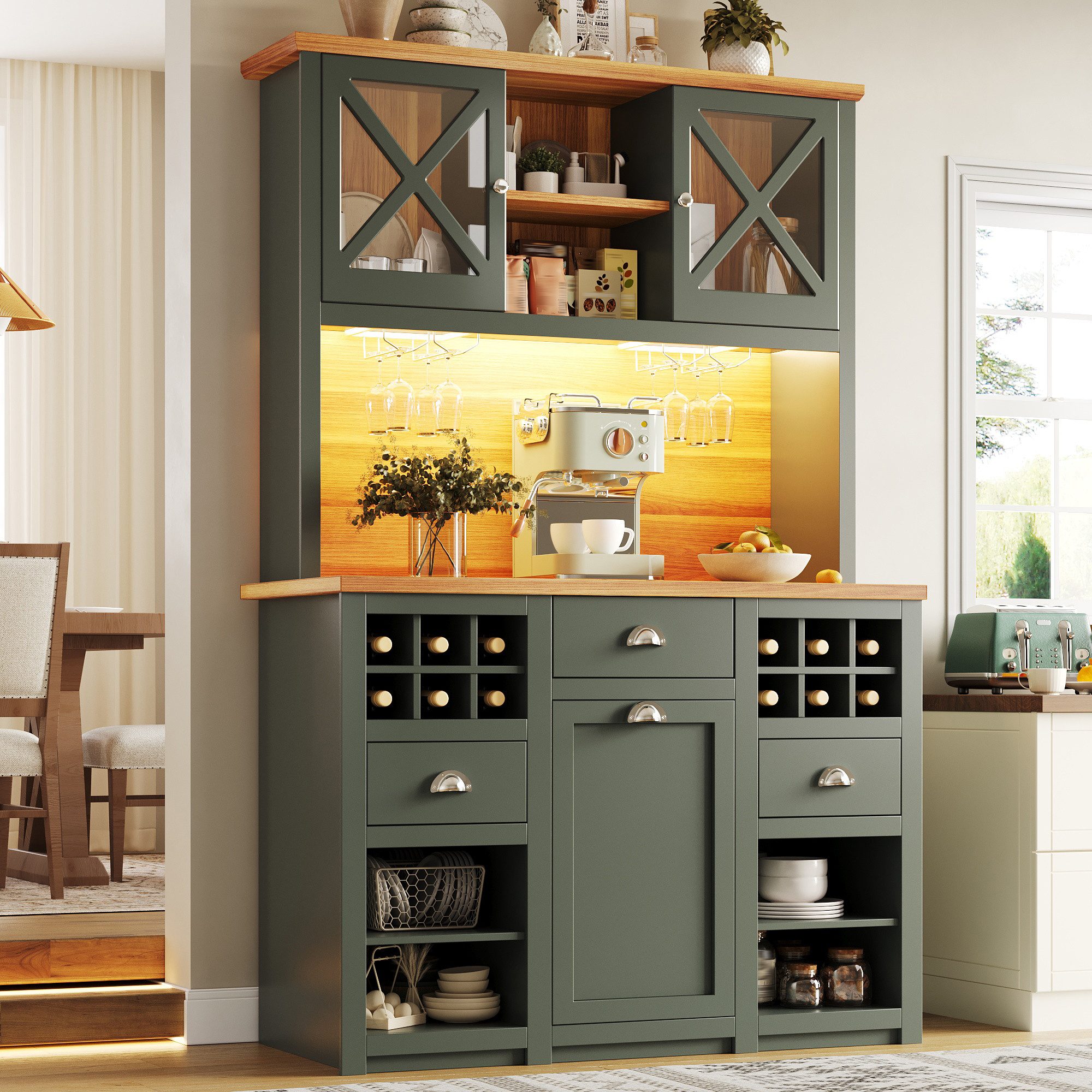 Flieks Küchenbuffet mit Arbeitsplatte in Holzoptik, Steckdosen und LED-Beleuchtung (B120/T45/H188 cm, 1-St) Küchenschrank mit verstellbarer Einlegeböden Hochschrank in Retrostil