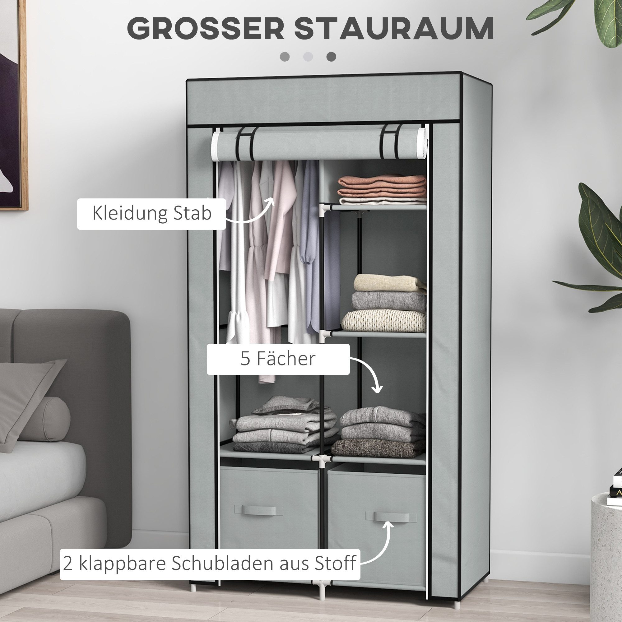 HOMCOM Stoffschrank Kleiderschrank, Kleiderstange, Reißverschluss Stoffkleiderschrank (Garderobe, 1-St., Faltschrank) Hellgrau, 83 x 42,5 x 162,5 cm – Bild 4 von 5