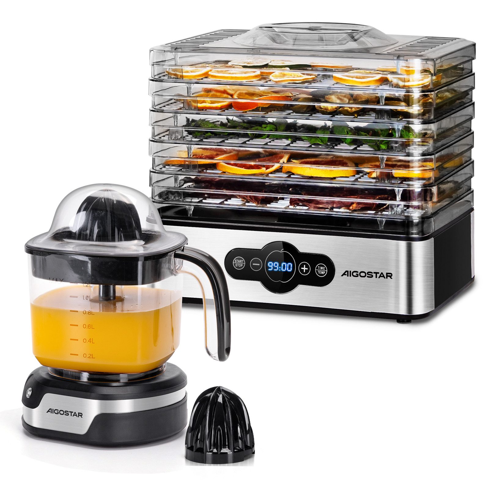 Aigostar Dörrautomat Dörrgerät mit Temperaturregler, 99h-Timer, 5 Einlegefächer, 35-70°C 240,00 W, 5 Etagen, LED-Anzeige, Edelstahl, Gemüse Fleisch, Kräuter, Rindfleisch, Pilze