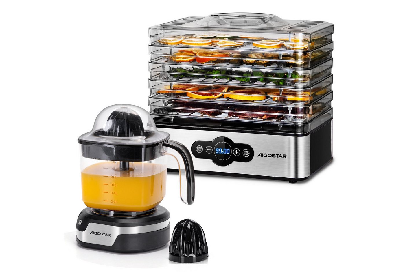 Aigostar Dörrautomat Dörrgerät mit Temperaturregler, 99h-Timer, 5 Einlegefächer, 35-70°C 240,00 W, 5 Etagen, LED-Anzeige, Edelstahl, Gemüse Fleisch, Kräuter, Rindfleisch, Pilze