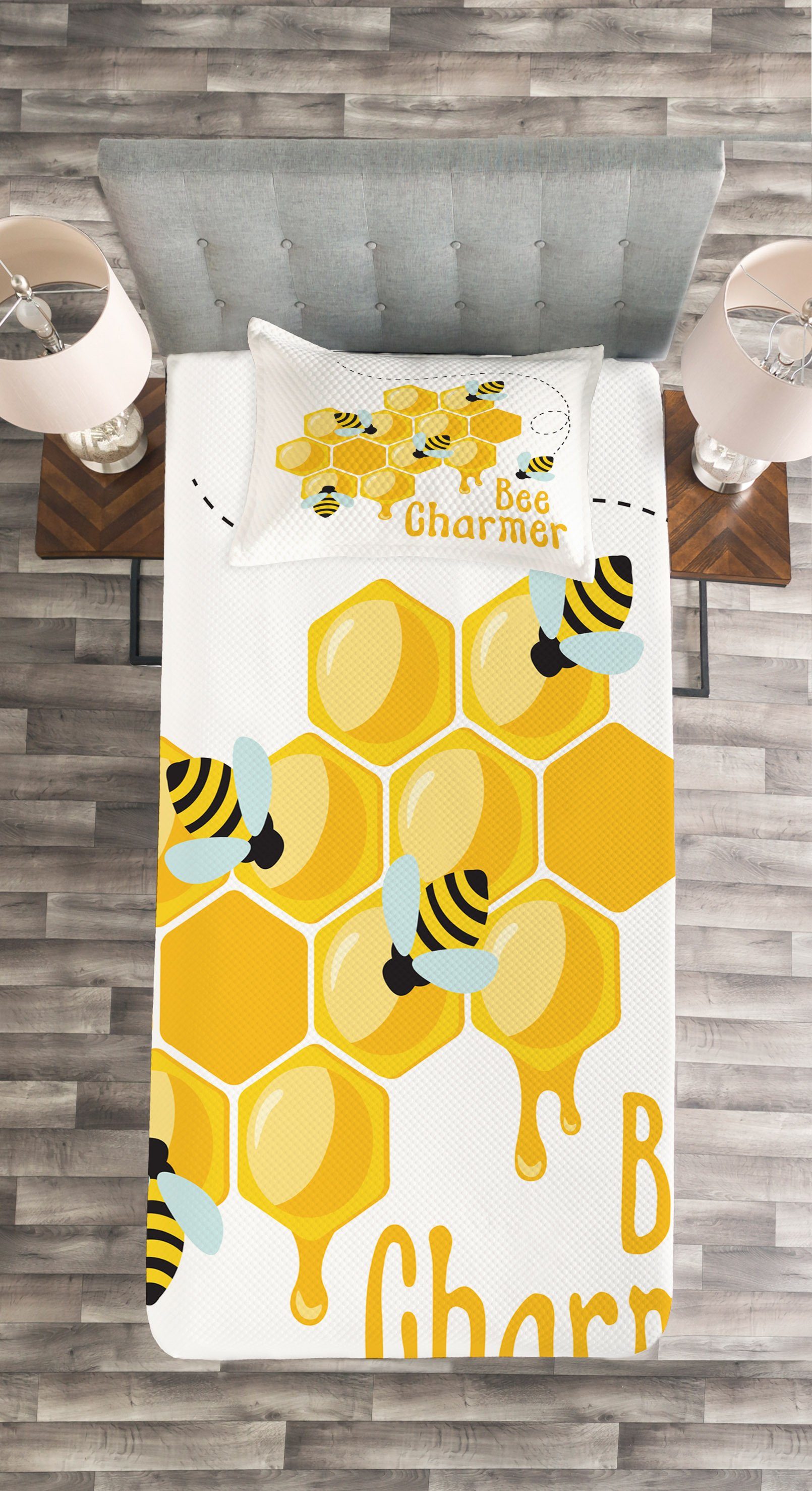 Tagesdecke mit Bee Biene Set Abakuhaus, Charmeur Beschriftung Honey Waschbar, Kissenbezügen