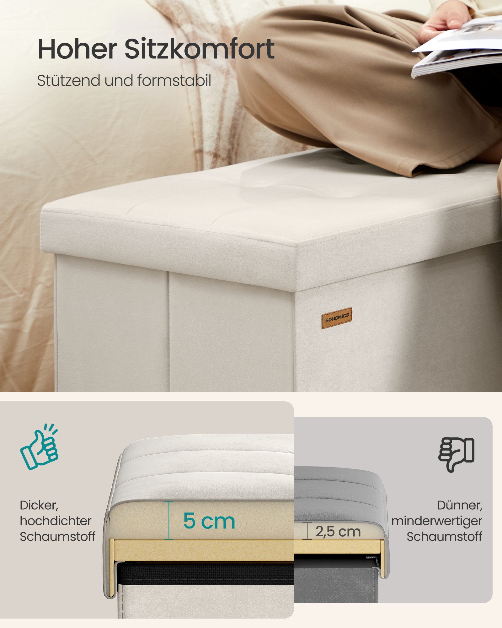 SONGMICS Sitzbank mit Stauraum, Sitztruhe aus Samt, klappbare Aufbewahrungsbox mit Deckel, bis 300 kg belastbar