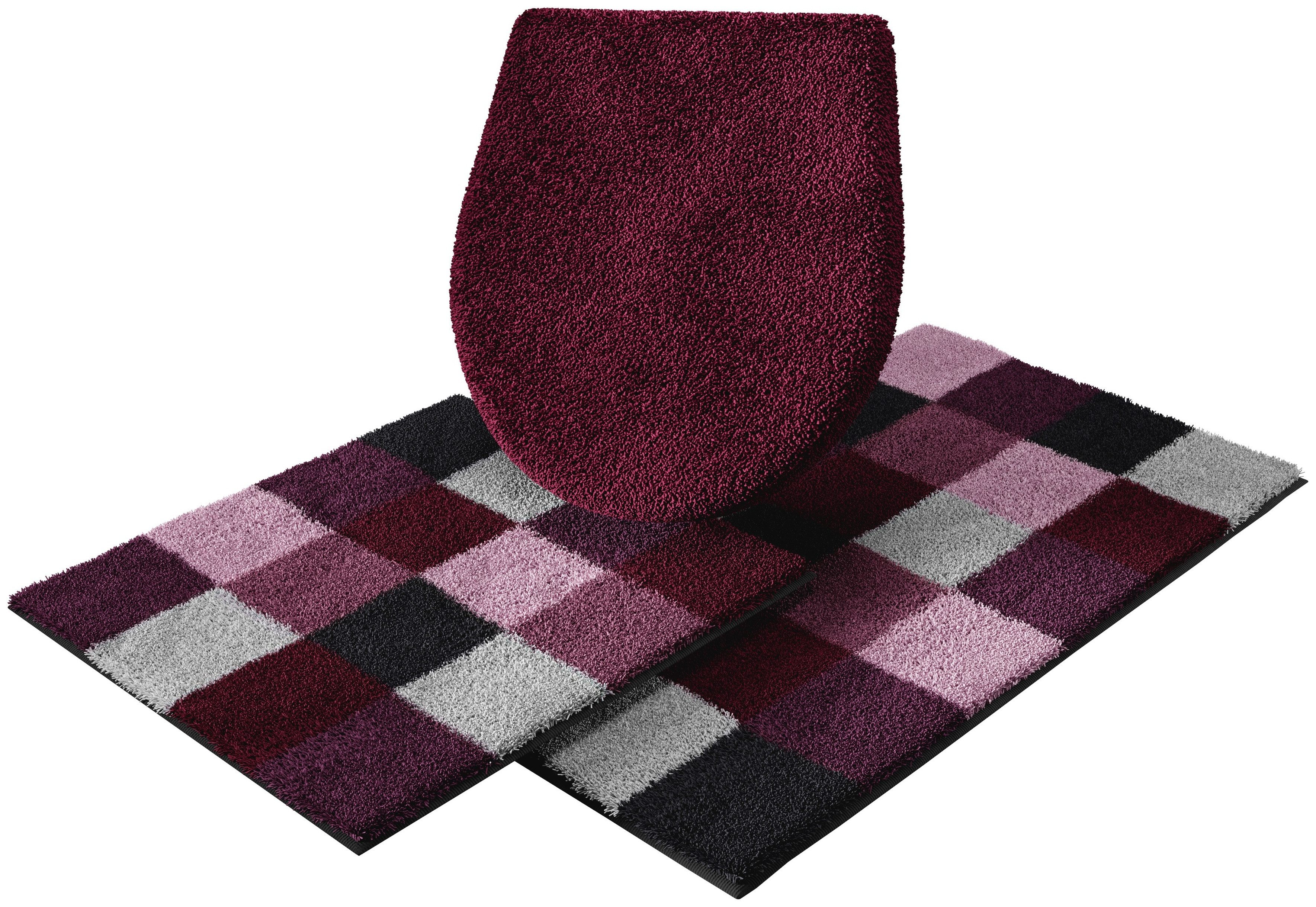 Grund Badematte Mosaik, Badvorleger, Badezimmer Teppich, sehr weich, Höhe 20 mm, rutschhemmend beschichtet, fußbodenheizungsgeeignet, Kunstfaser, rechteckig, 3-tlg. Hänge-WC Set, angenehm weich, auch als 3 teiliges Set erhältlich, Made in Europe