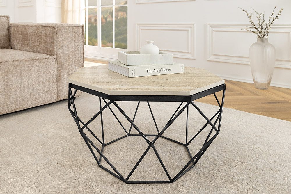 riess-ambiente Couchtisch DIAMOND 70cm beige / schwarz · Wohnzimmertisch aus Naturstein & Metall (Einzelartikel, 1-St), Travertin · handmade · Eisen · Boho · achteckig