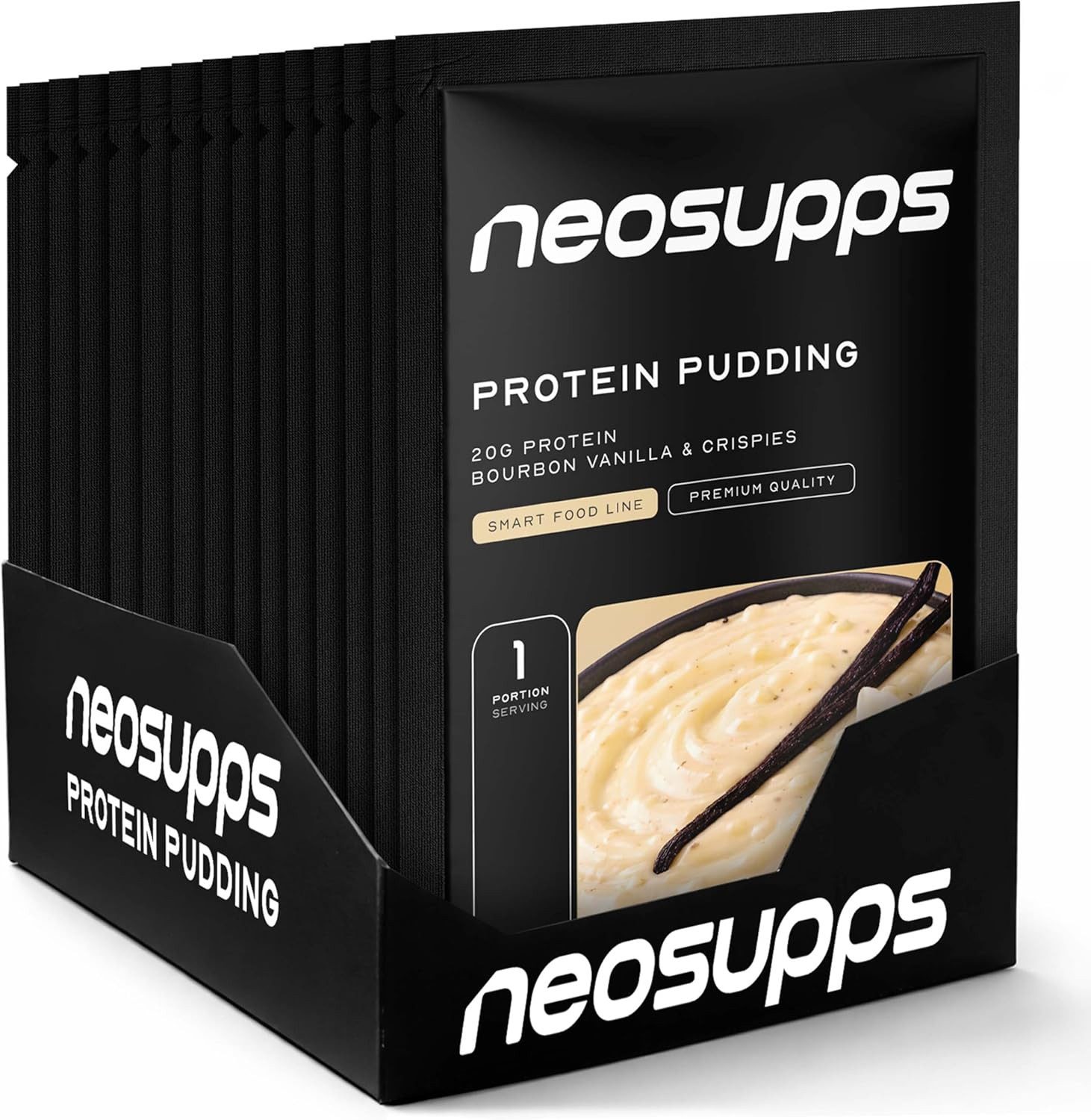 Neosupps Pudding Vanilla Dream, High Protein Dessert 15x30g, 20g Eiweiß Pulver, Wenig Zucker & Kalorien, cremiger Protein Snack mit Crispies