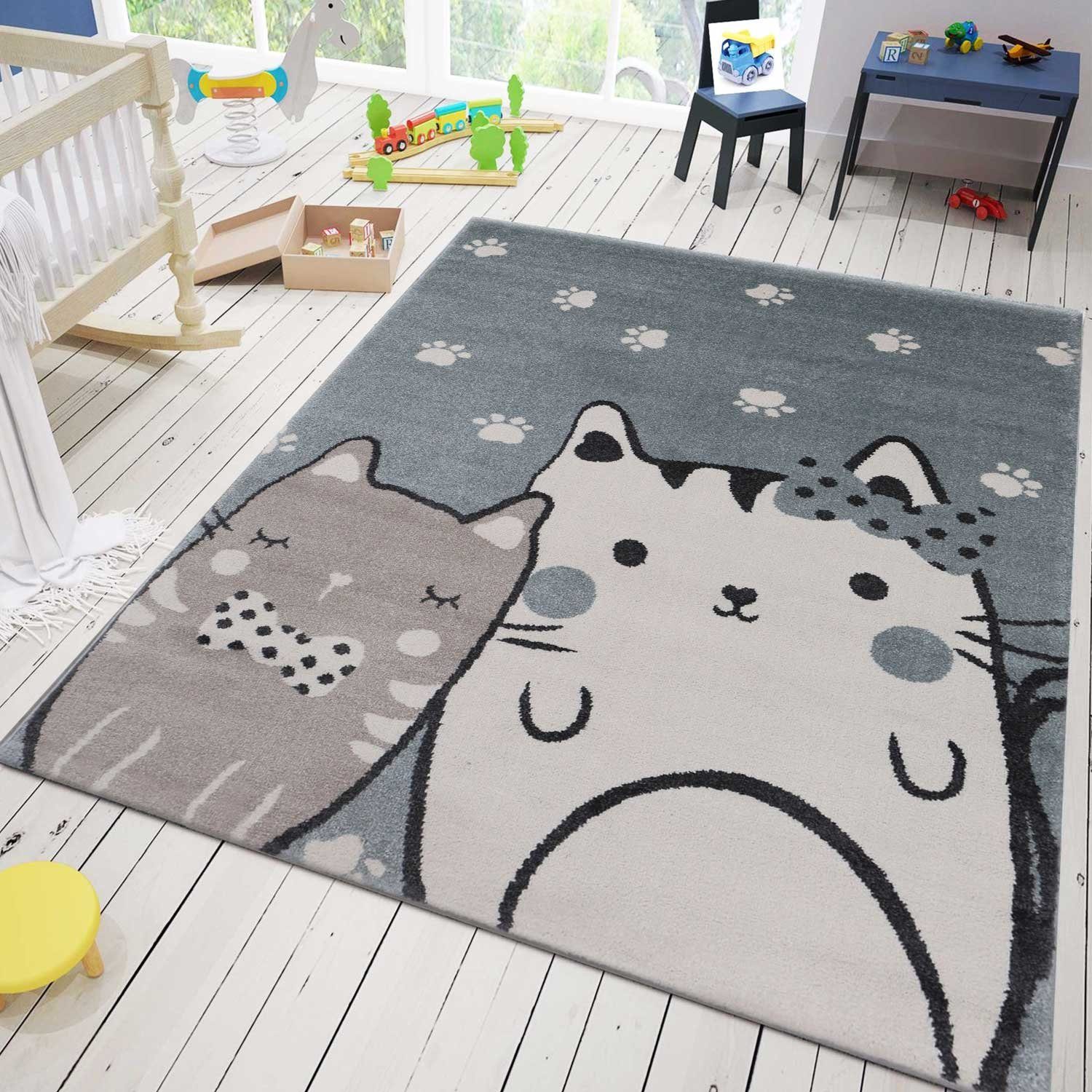 Kinderteppich Flachflor Teppich Kinderzimmer Spielzimmer mit Katze und Krone 