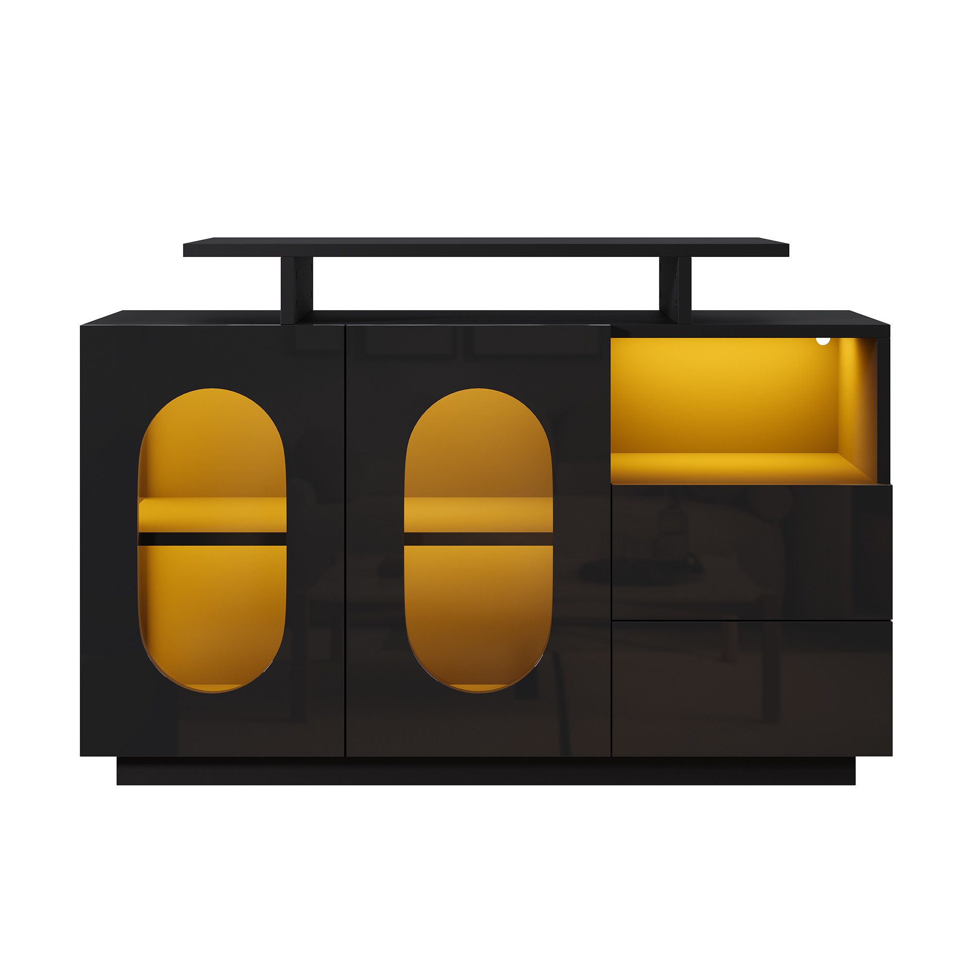 LVHOM Sideboard 120×40×80cm, elegantes Schwarz, modernes Design, viel Stauraum (Ovales Glasdesign,Hochglanzoberfläche,Stabilisierte Ablagefläche für vielseitige Organisation, LED-Beleuchtung, geeignet für Vitrine, Sideboard und Minibar), ideal für Esszimmer, Wohnzimmer, Garderobe, Homeoffice und Spielzimmer