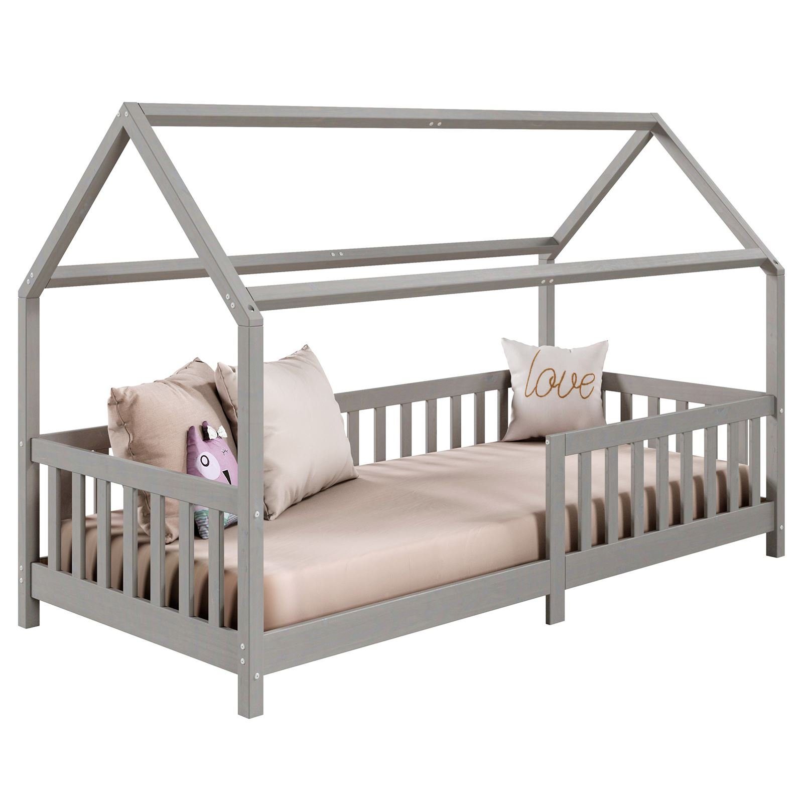 mit Hausbett und Tipibett Dach grau NINA, Bett rausfal Kiefer 90 Kinderbett IDIMEX x 200 Montessori