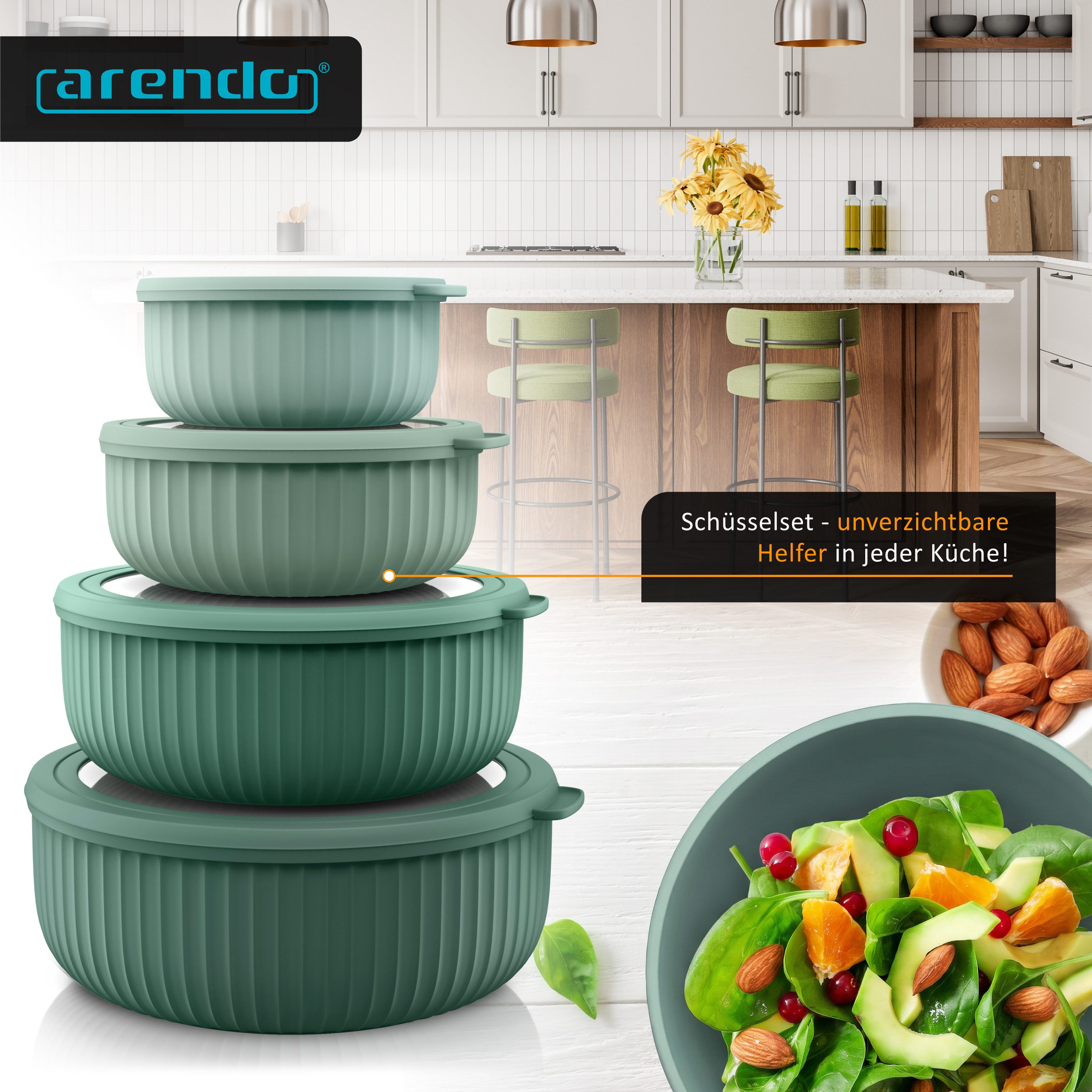 Arendo Salatschüssel 4er Schüssel Set mit Deckel, 0,38 bis 2,4 Liter, Rührschüssel, Kunststoff, (Set, 4-tlg), auslaufsicher, stapelbar, Spülmaschinen & Mikrowel – Bild 4 von 5