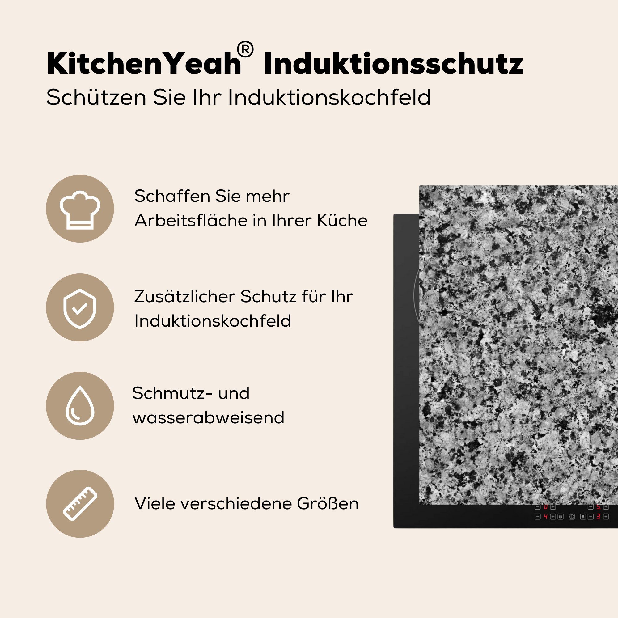 Herdblende-/Abdeckplatte Grau cm, MuchoWow nutzbar, tlg), - 70x52 Vinyl, Schwarz, - (1 Pflastersteine Ceranfeldabdeckung Granit - Mobile Arbeitsfläche