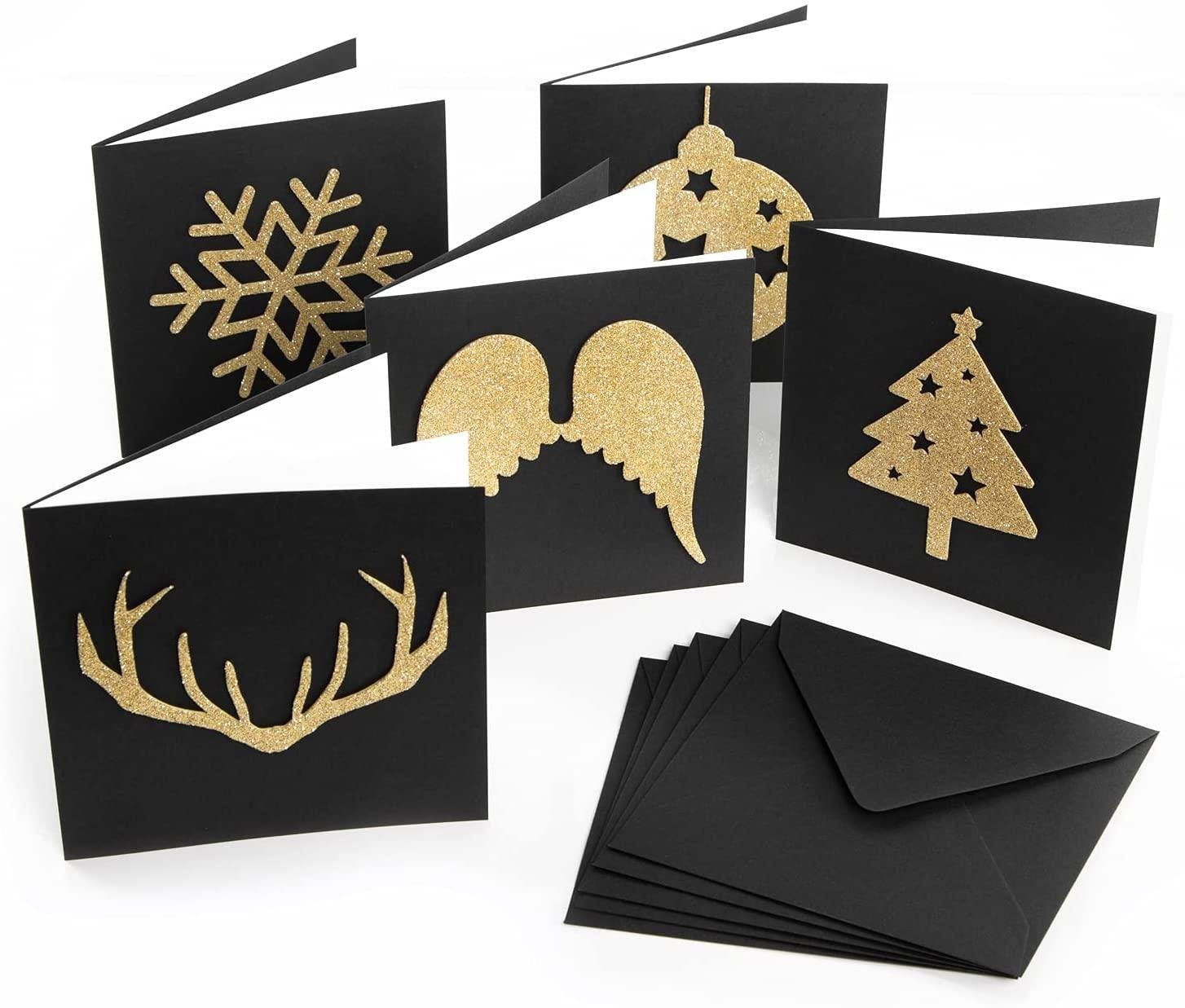 LogbuchVerlag Klappkarte 5 Weihnachtskarten schwarz gold glitzernd
