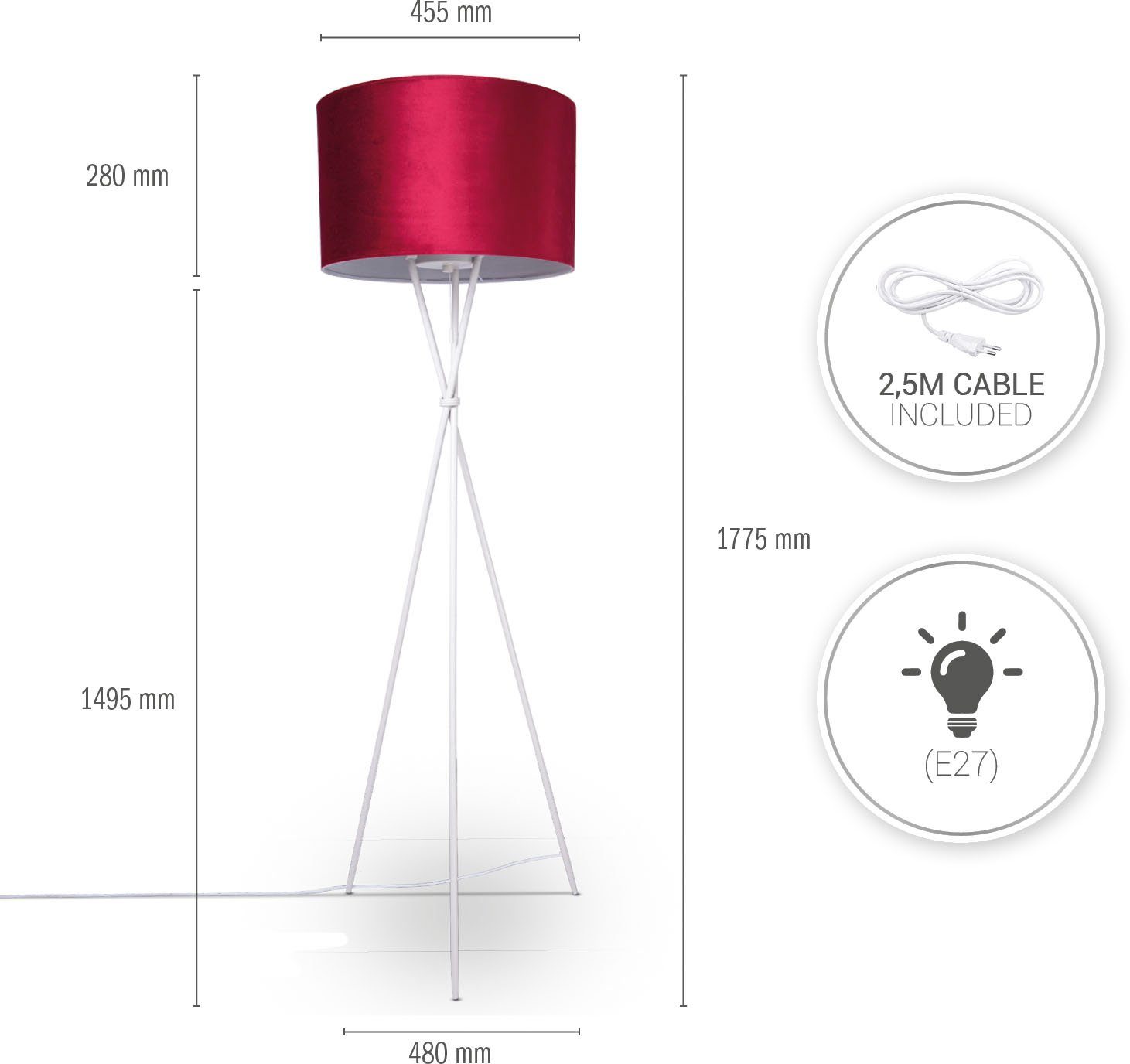 Stehlampe Wohnzimmer Paco E27 uni Velour Dreibein rot Home Standleuchte Kate Filigran Leuchtmittel, ohne 177,5cm Color, Höhe