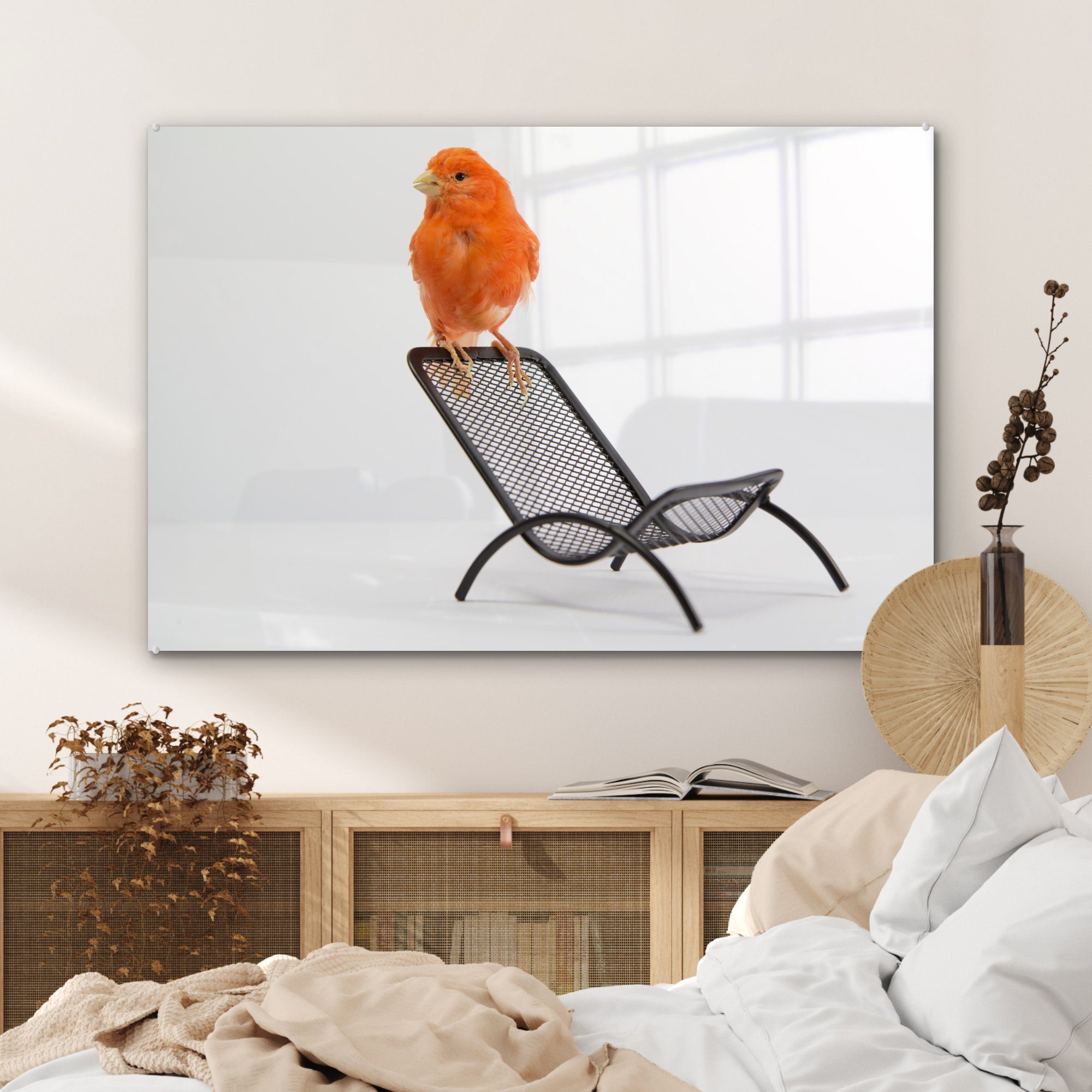 MuchoWow Acrylglasbild Roter Kanarienvogel auf Acrylglasbilder & Stuhl, Schlafzimmer (1 Wohnzimmer St), einem