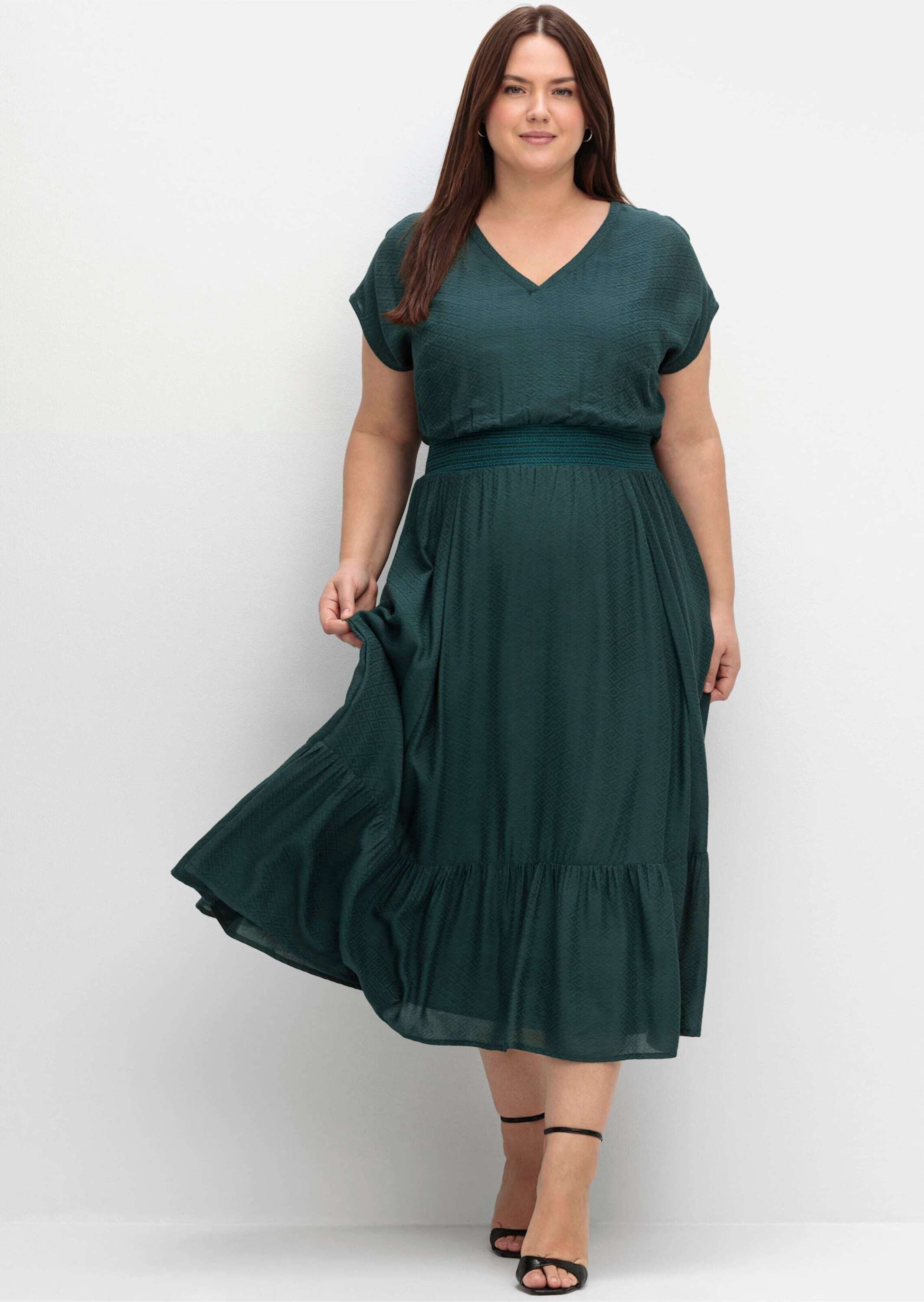 Sheego Etuikleid Maxikleid Kurzarm mit Smokbund und Volant am Saum