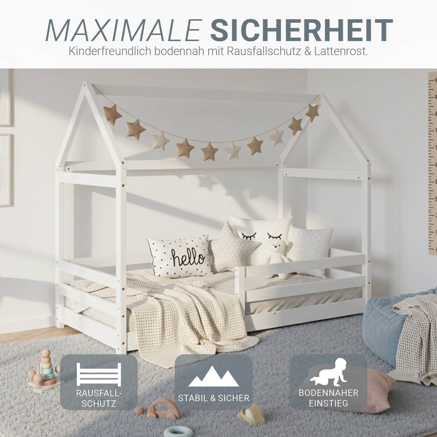 Homestyle4u Hausbett 80x160 Holz mit Lattenrost Hausbett Bodenbett Montessori Kleinkind (Komplett-Set mit Lattenrost, Matratze mit OEKO-TEX® Standard 100), mit Rausfallschutz