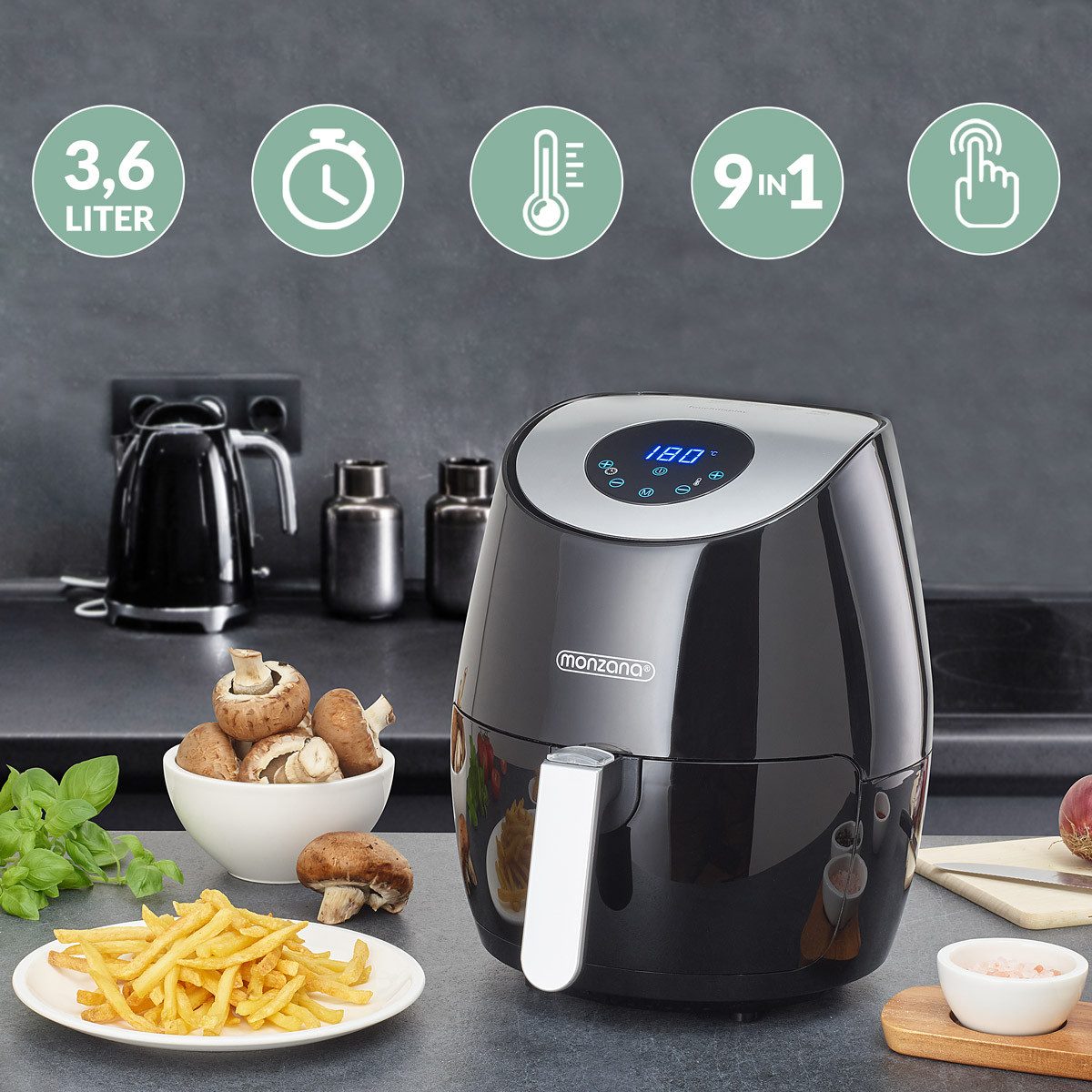 monzana Heißluftfritteuse, 1350 W, Digitales LED Touch Display 3,6L 6 Programme Schwarz