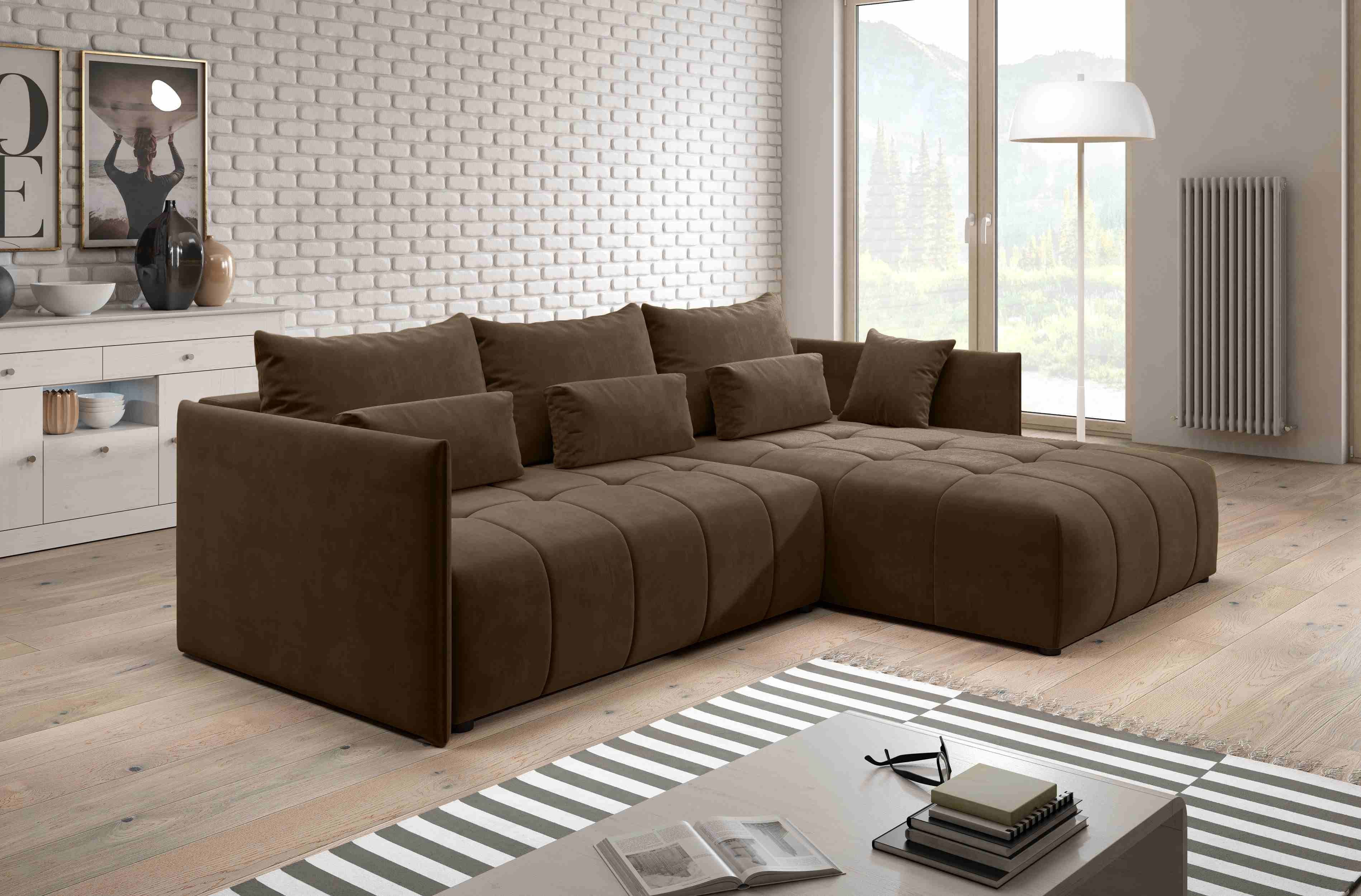 Furnix Ecksofa YALTA Schlafsofa Couch ausziehbar mit Bettkasten und Kissen, Made in Europe Braun MH 20