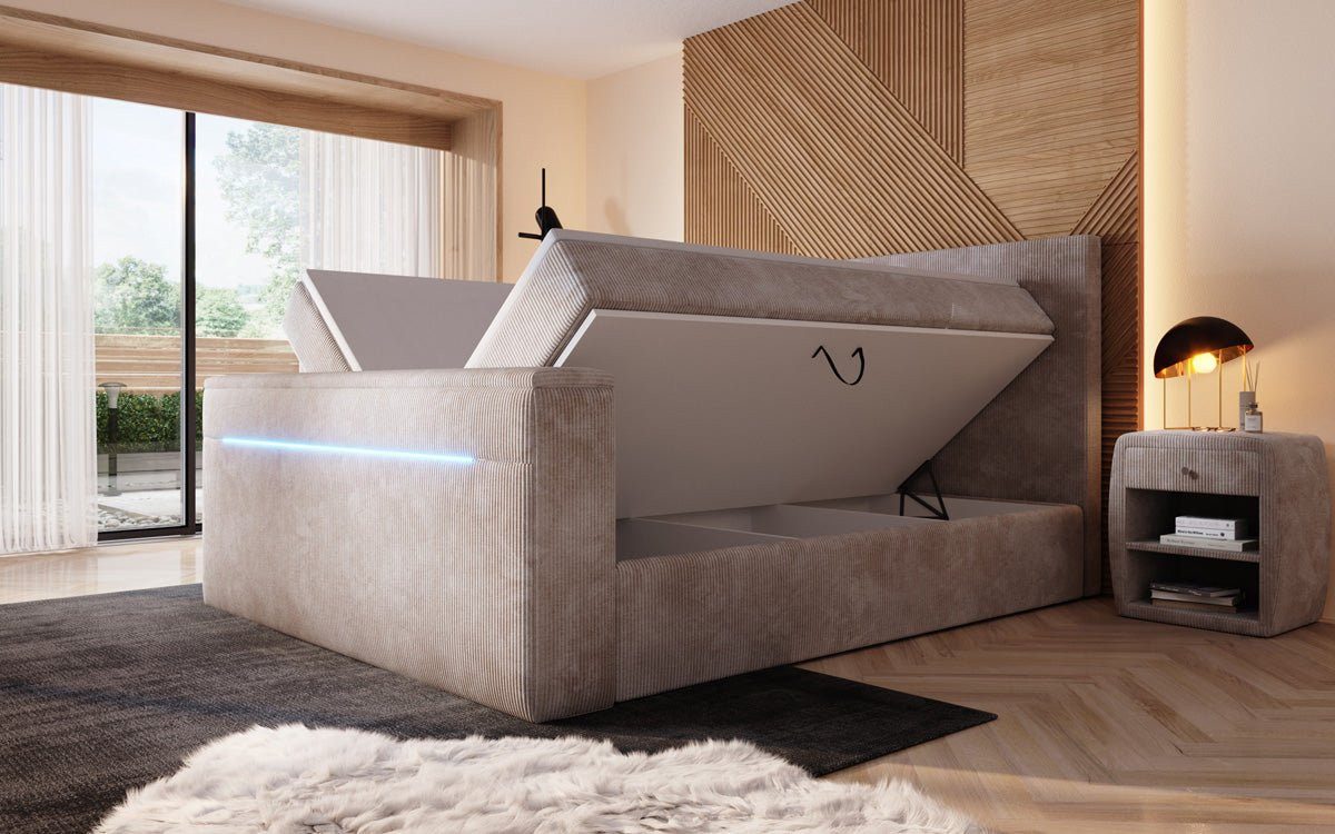 Luxusbetten24 Boxspringbett Sejour, mit TV-Lift, RGB-Beleuchtung und Stauraum