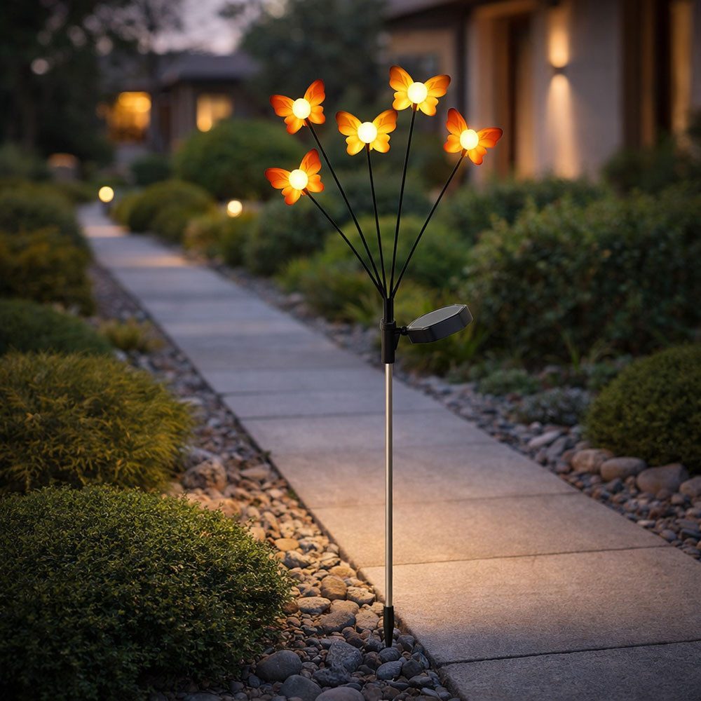 Expo Börse LED Solarleuchte, LED-Leuchtmittel fest verbaut, Warmweiß, Stecklampe Solarlampe LED Gartenstecker Schmetterling H 68 cm 3er Set