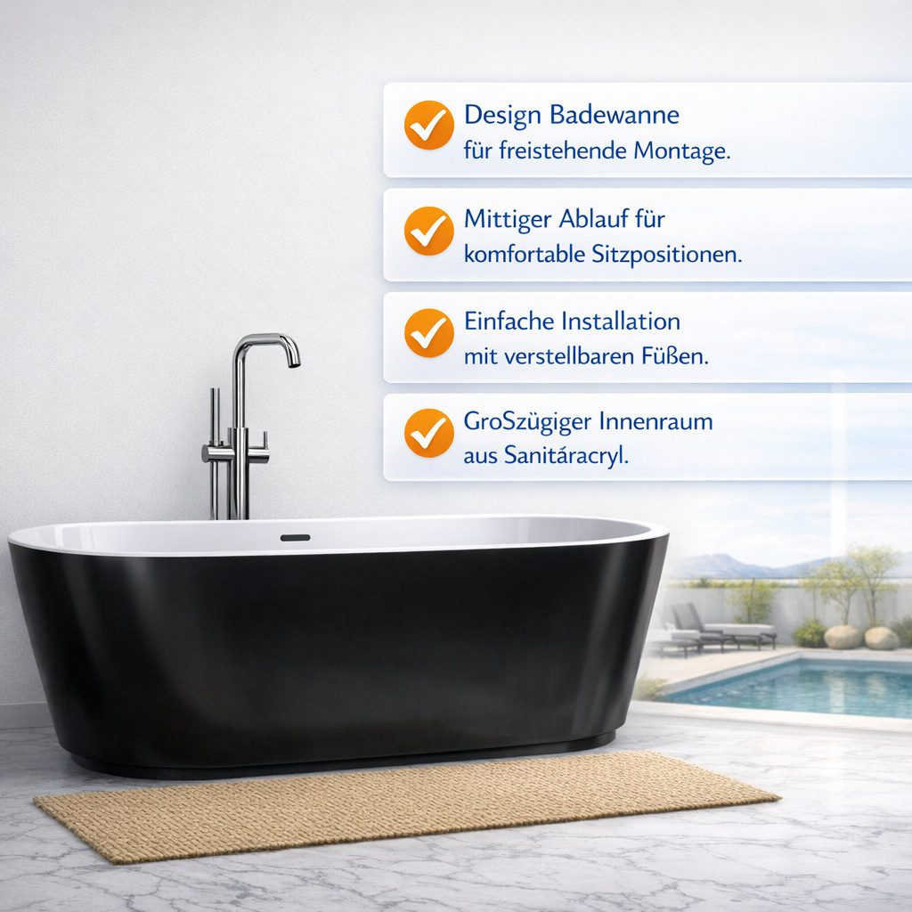 welltime Badewanne Tavira, Freistehend, (170x74x60 (LxBxH), Sanitäracryl, mit Pop Up Ventil