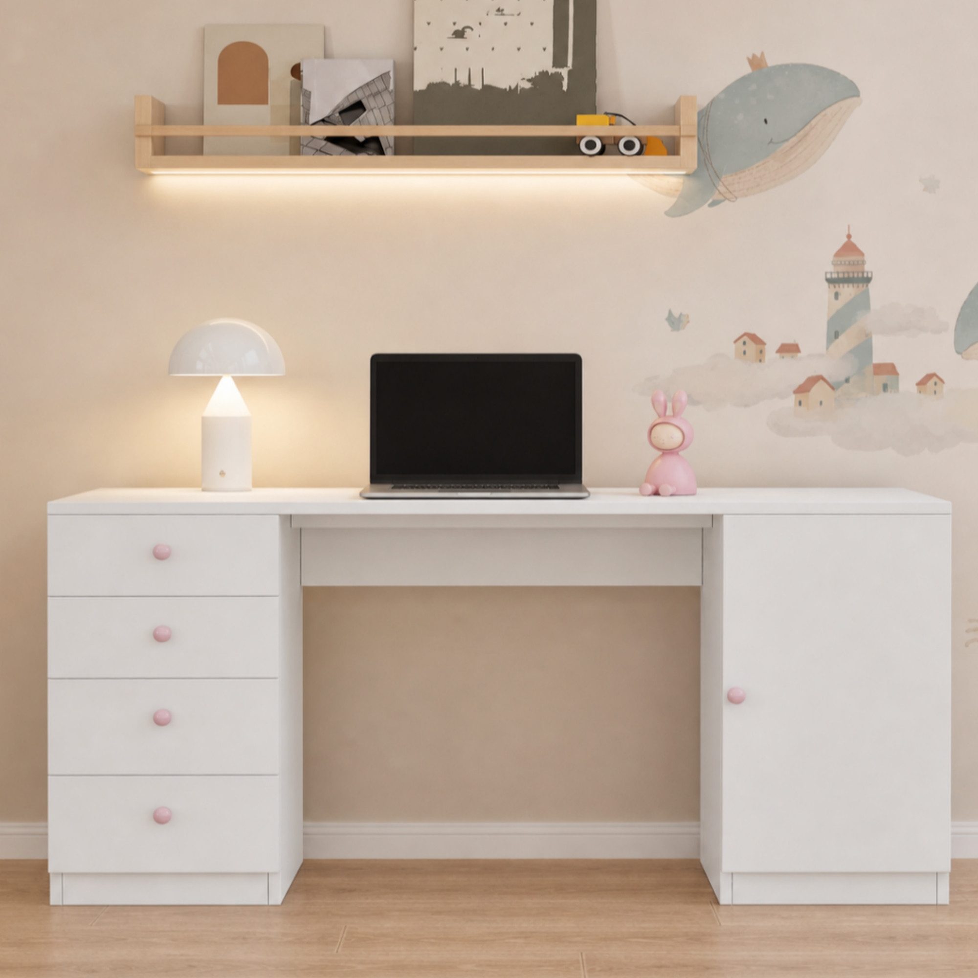 Flieks Schreibtisch Kinderschreibtisch mit 4 Schubladen, 1 Tür und rosa Keramikgriffen (155×45×75 cm, 1-St., mit verstellbarer Einlegeböden), Computertisch Arbeitstisch Bürotisch aus MDF Weiß